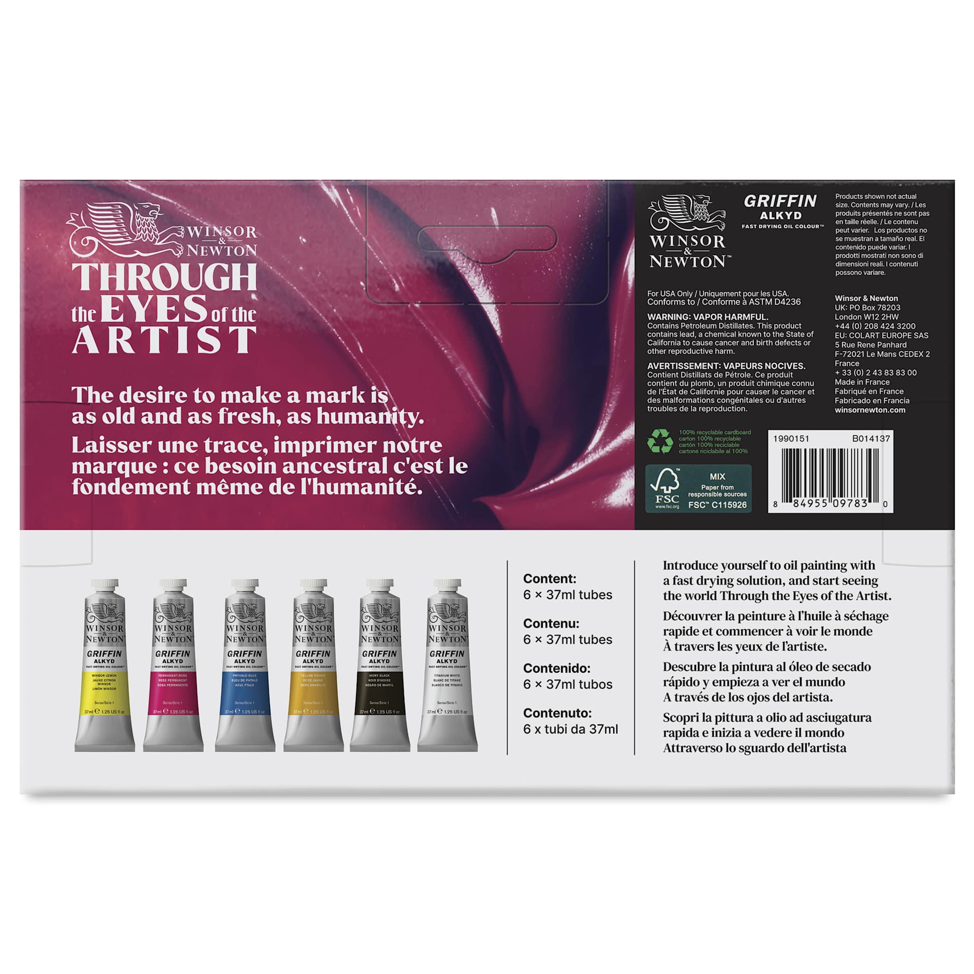 Winsor & Newton Griffin Alkyds - Set of 6, Assorted Colors, 37 ml back of package