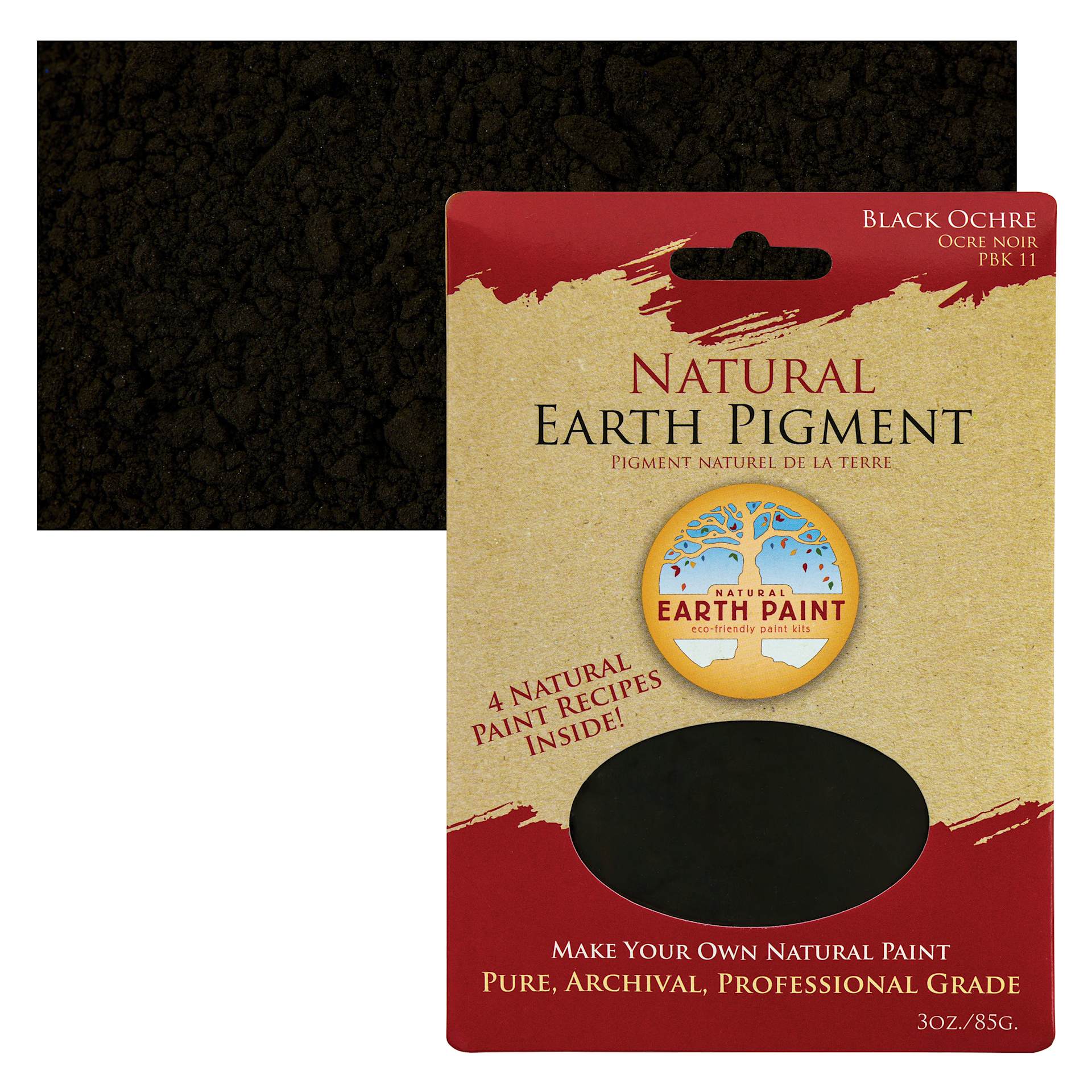 Natural Earth Paint Earth & Mineral Pigment - Black Ochre, 3 oz package and swatch