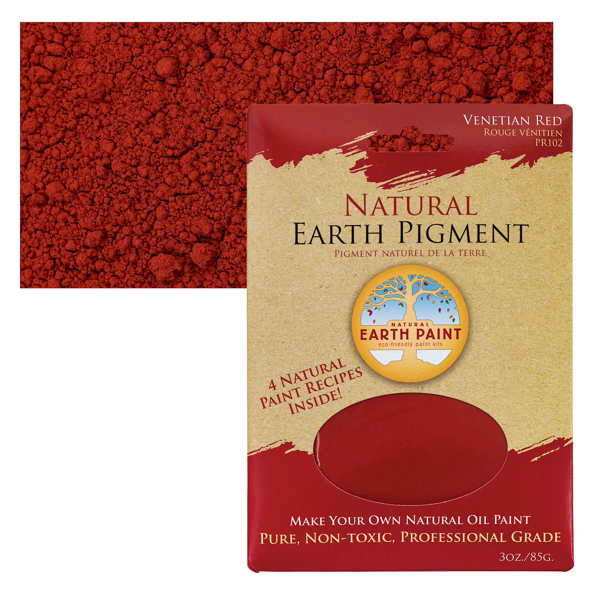 Natural Earth Paint Earth & Mineral Pigment - Venetian Red, 3 oz package and swatch