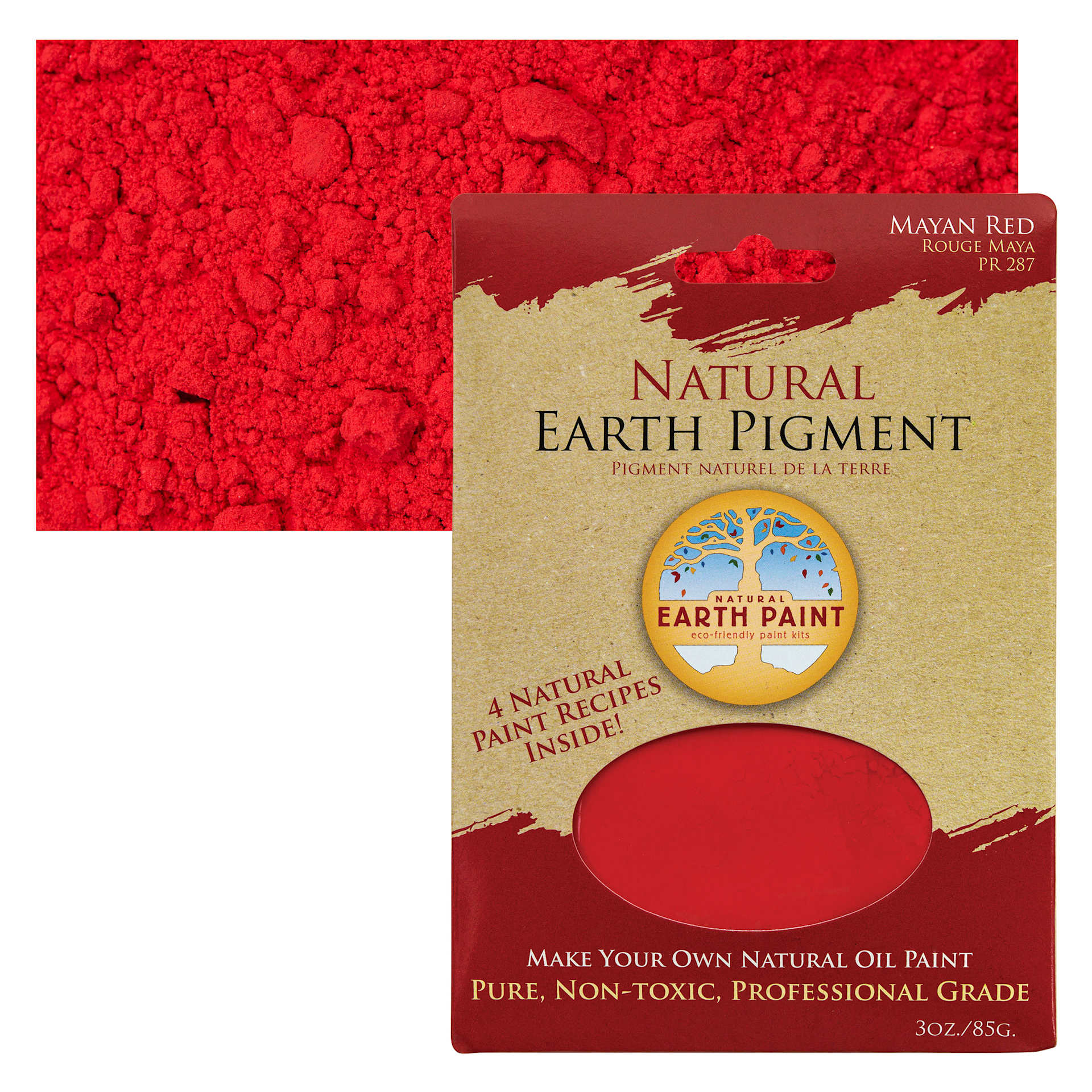 Natural Earth Paint Earth & Mineral Pigment - Mayan Red, 3 oz package and swatch