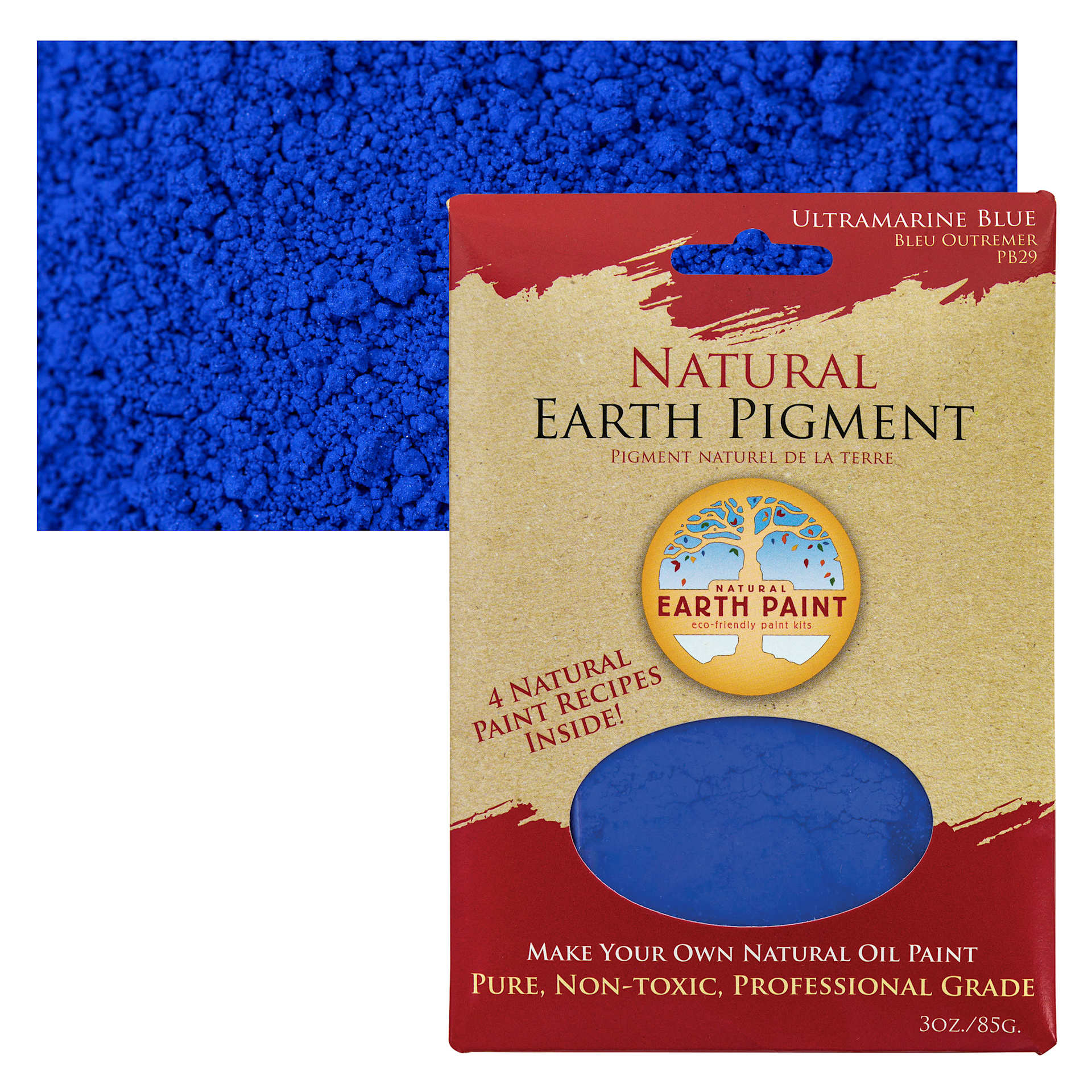 Natural Earth Paint Earth & Mineral Pigment - Ultramarine Blue, 3 oz package and swatch