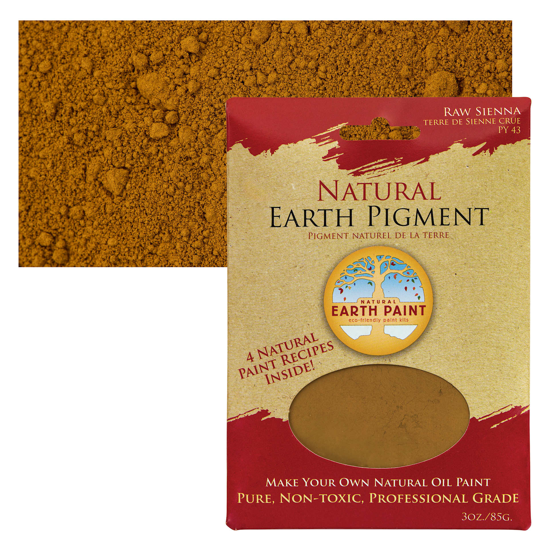 Natural Earth Paint Earth & Mineral Pigment - Raw Sienna, 3 oz package and swatch