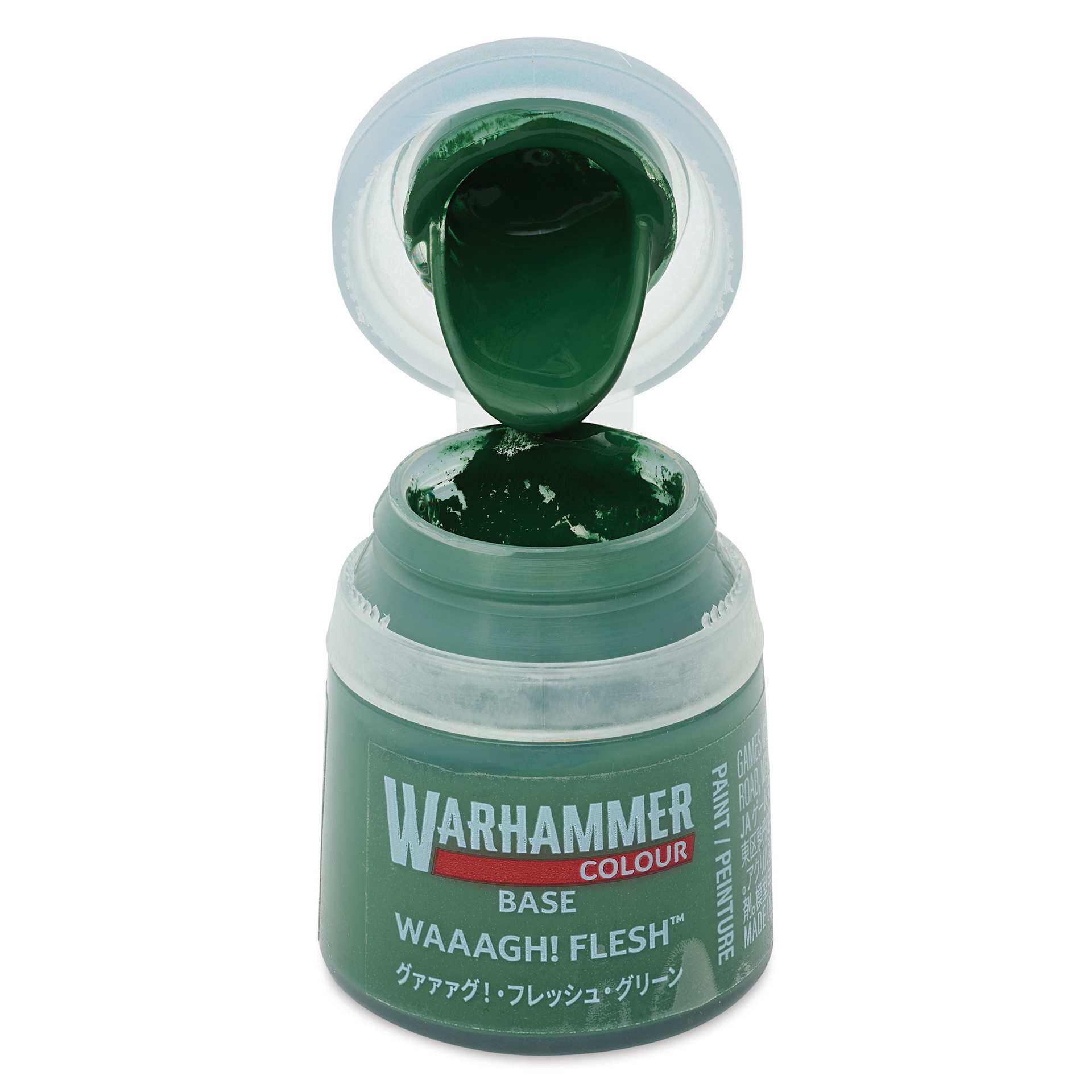 Warhammer Base Acrylic Paint - Waaagh! Flesh, 12 ml jar open