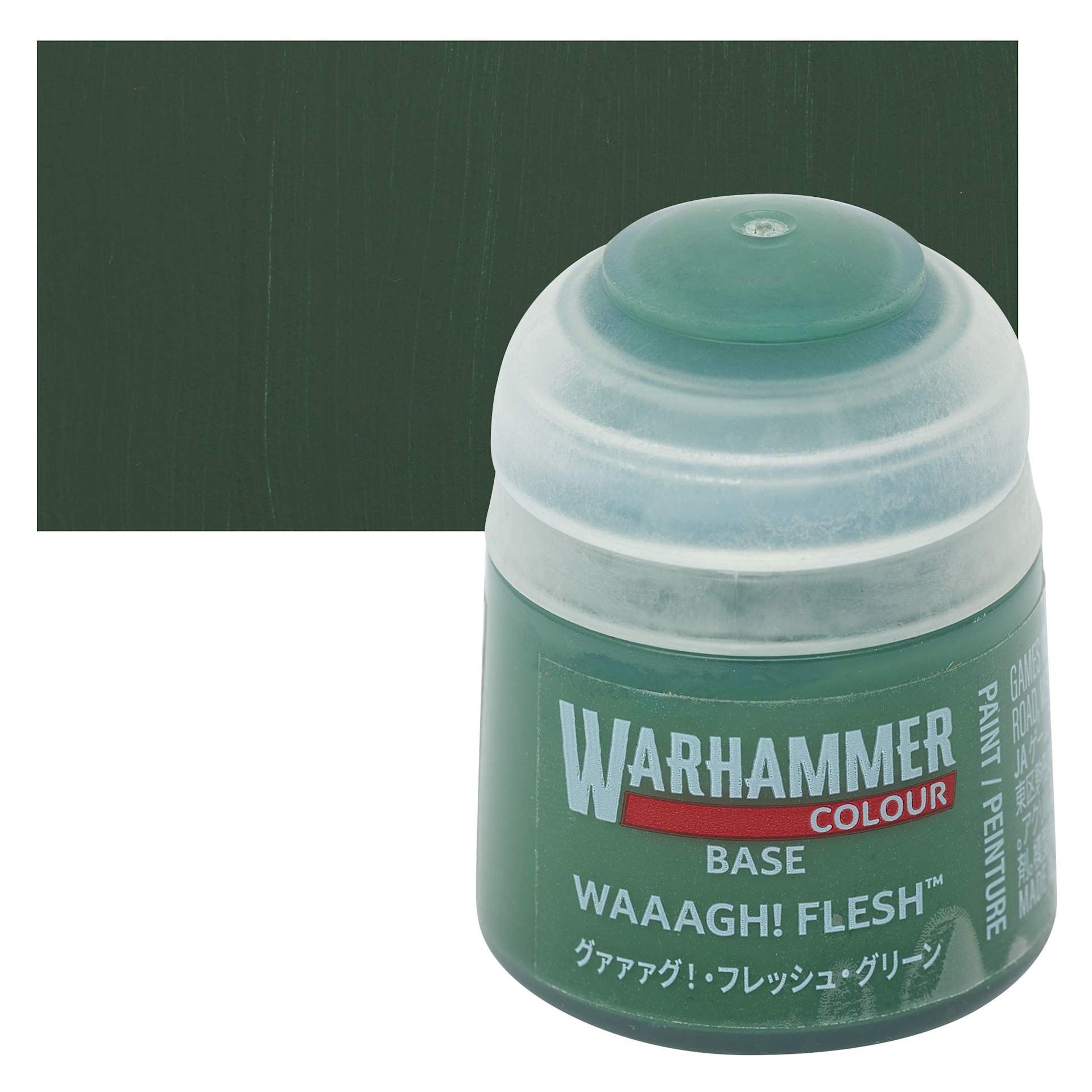 Warhammer Base Acrylic Paint - Waaagh! Flesh, 12 ml jar and swatch