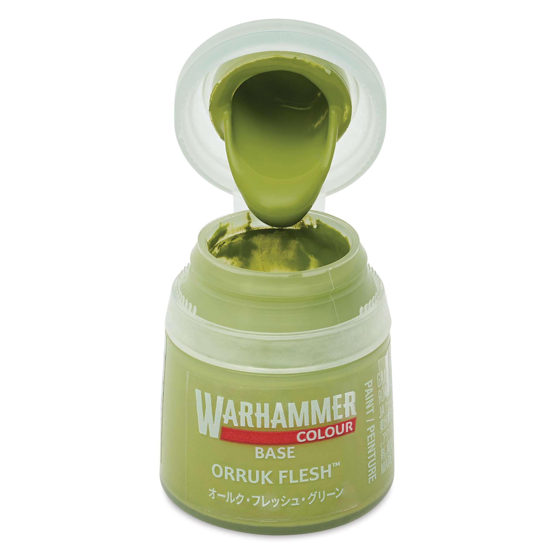 Warhammer Base Acrylic Paint - Orruk Flesh, 12 ml jar open