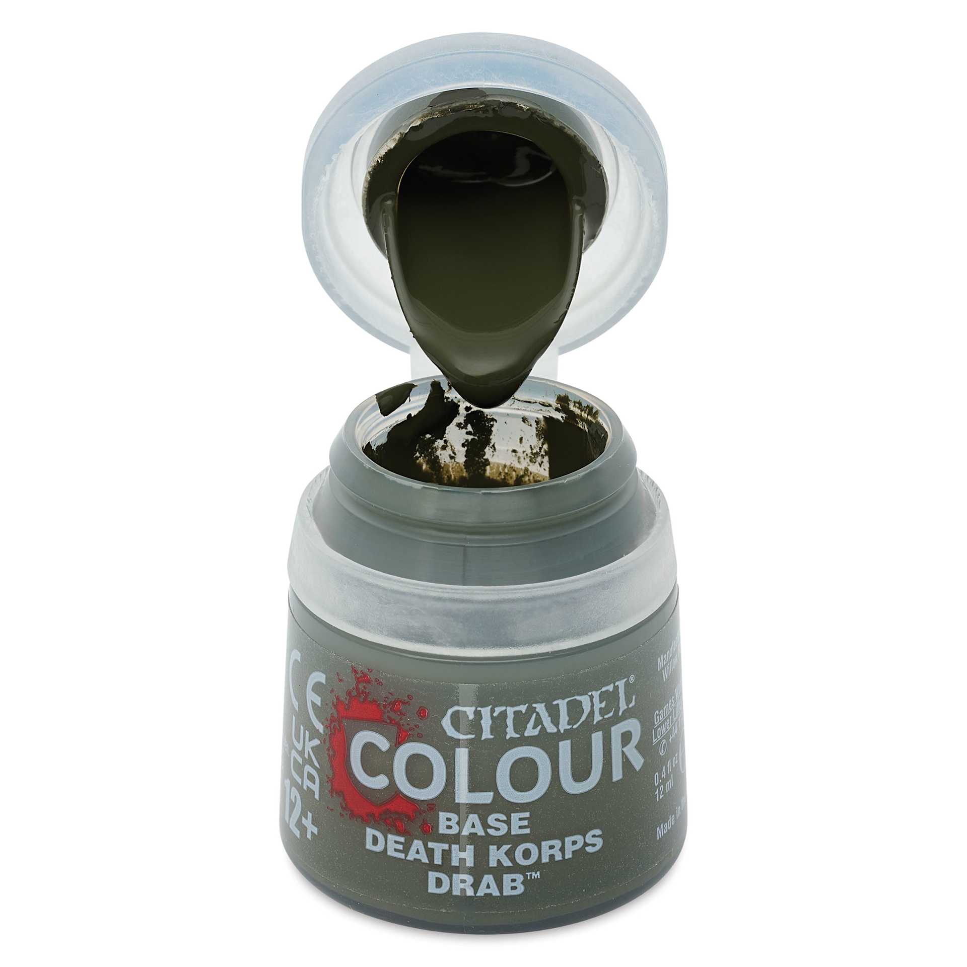 Warhammer Base Acrylic Paint - Death Korps Drab, 12 ml jar open