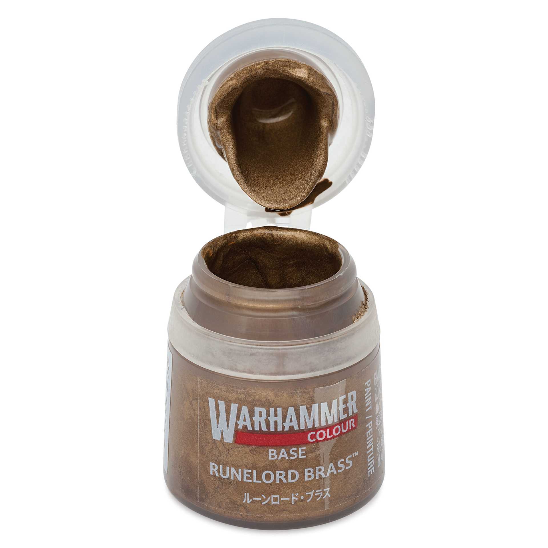Warhammer Base Acrylic Paint - Runelord Brass, 12 ml jar open
