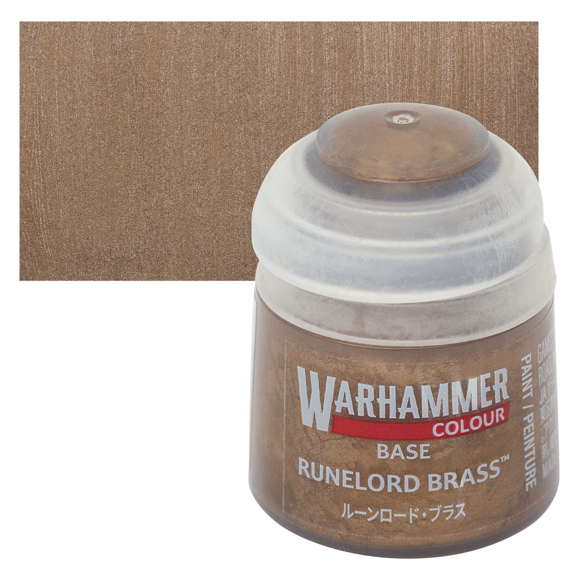 Warhammer Base Acrylic Paint - Runelord Brass, 12 ml jar and swatch