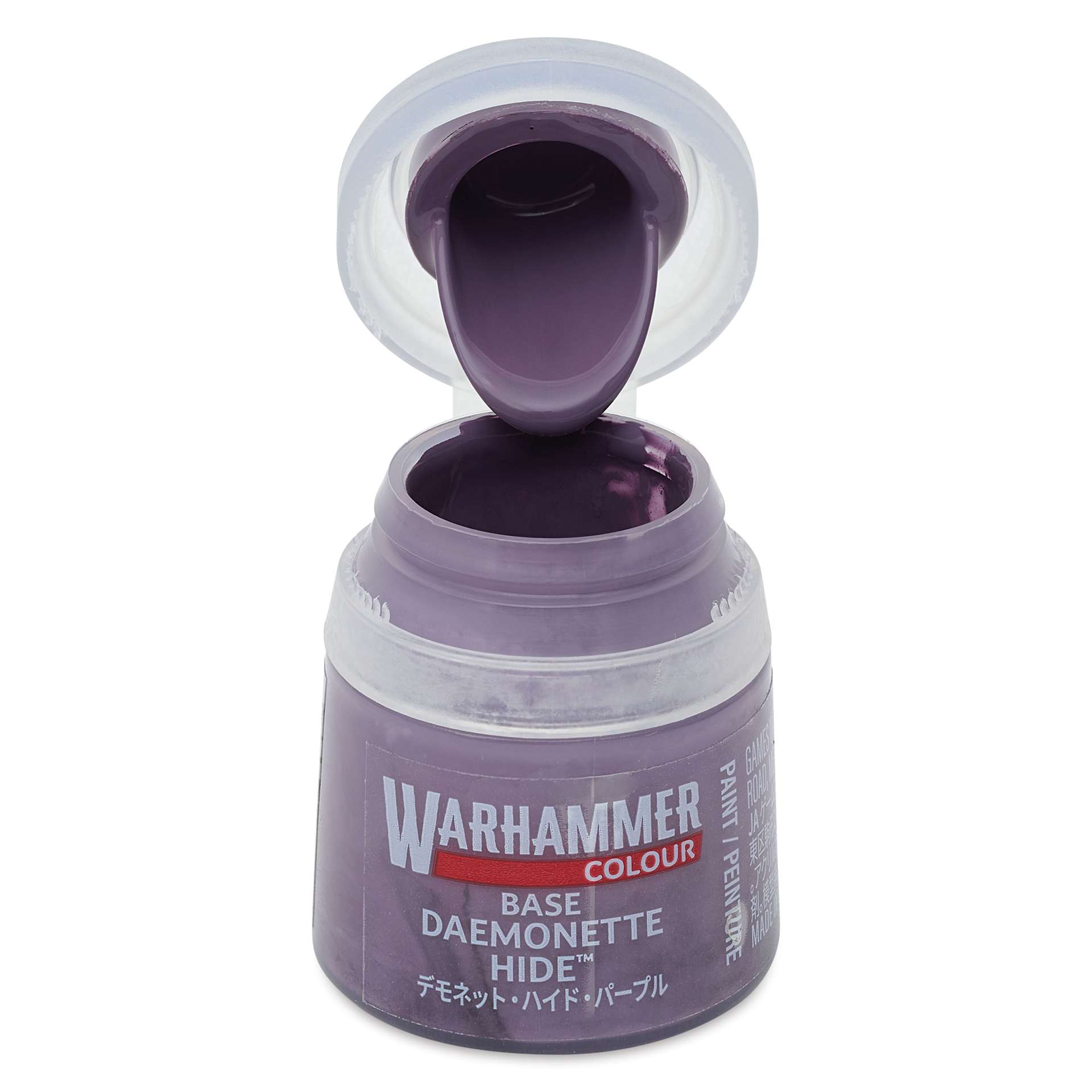 Warhammer Base Acrylic Paint - Daemonette Hide, 12 ml jar open