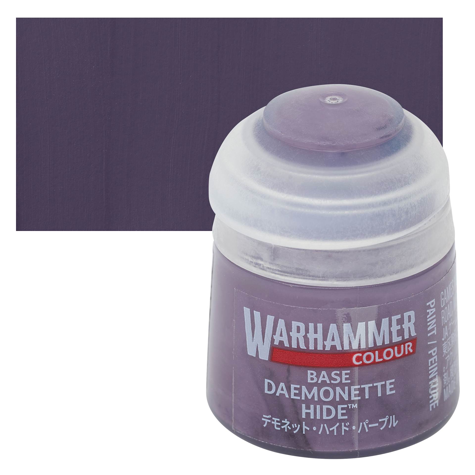Warhammer Base Acrylic Paint - Daemonette Hide, 12 ml jar and swatch
