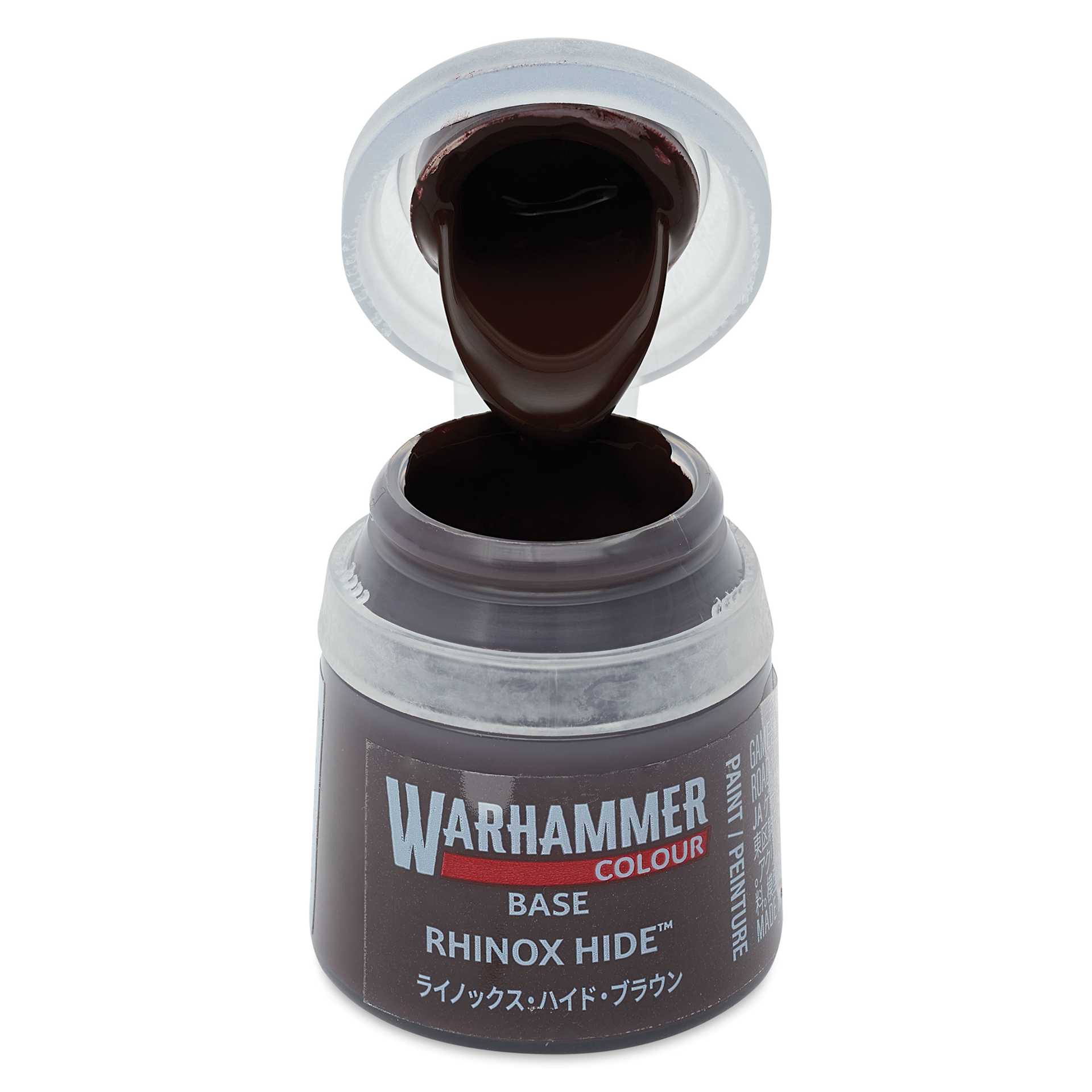 Warhammer Base Acrylic Paint - Rhinox Hide, 12 ml jar open