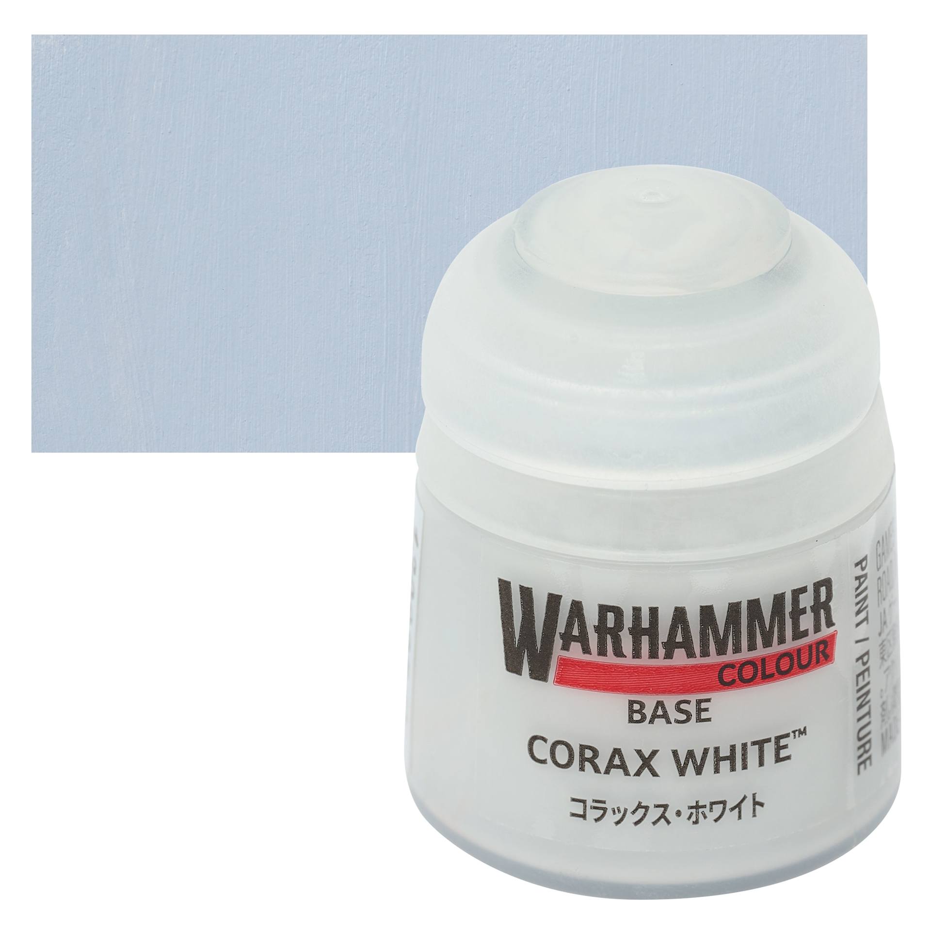 Warhammer Base Acrylic Paint - Corax White, 12 ml jar and swatch