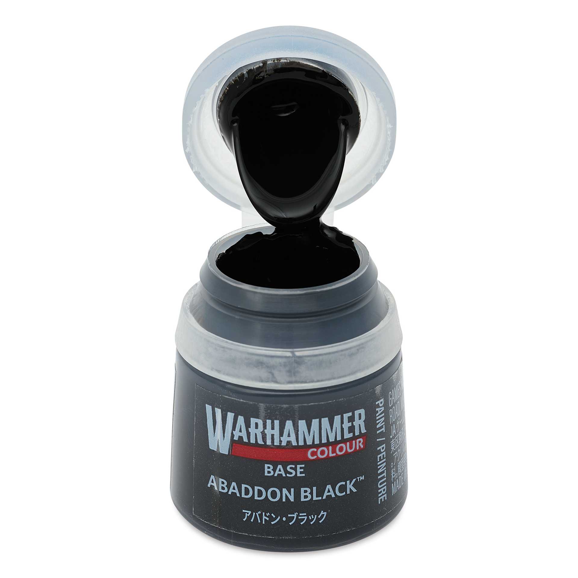 Warhammer Base Acrylic Paint - Abaddon Black, 12 ml jar open