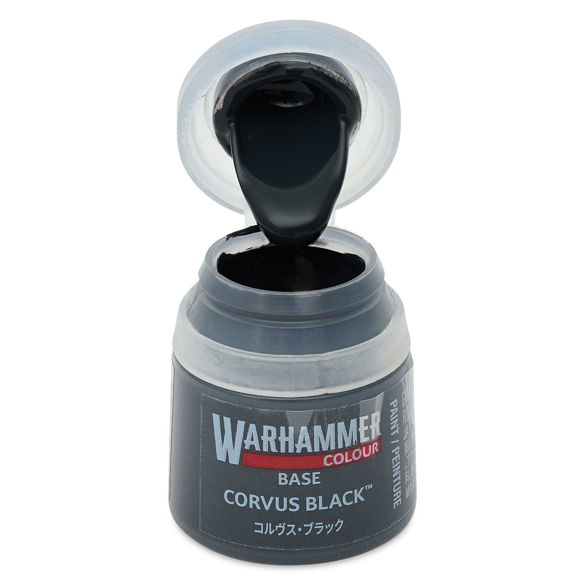 Warhammer Base Acrylic Paint - Corvus Black, 12 ml jar open