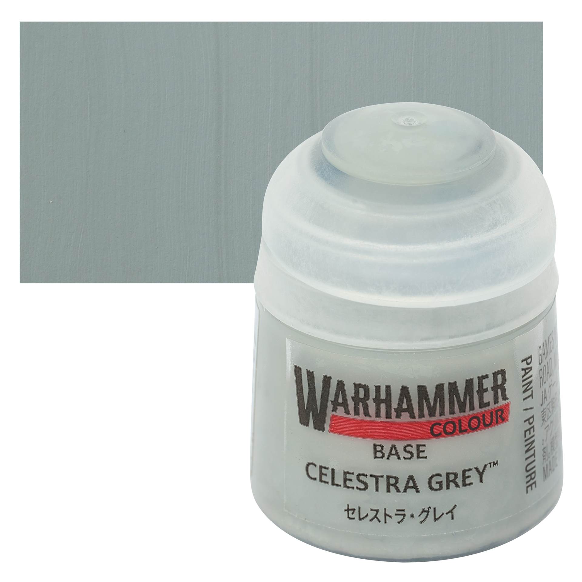 Warhammer Base Acrylic Paint - Celestra Grey, 12 ml jar and swatch