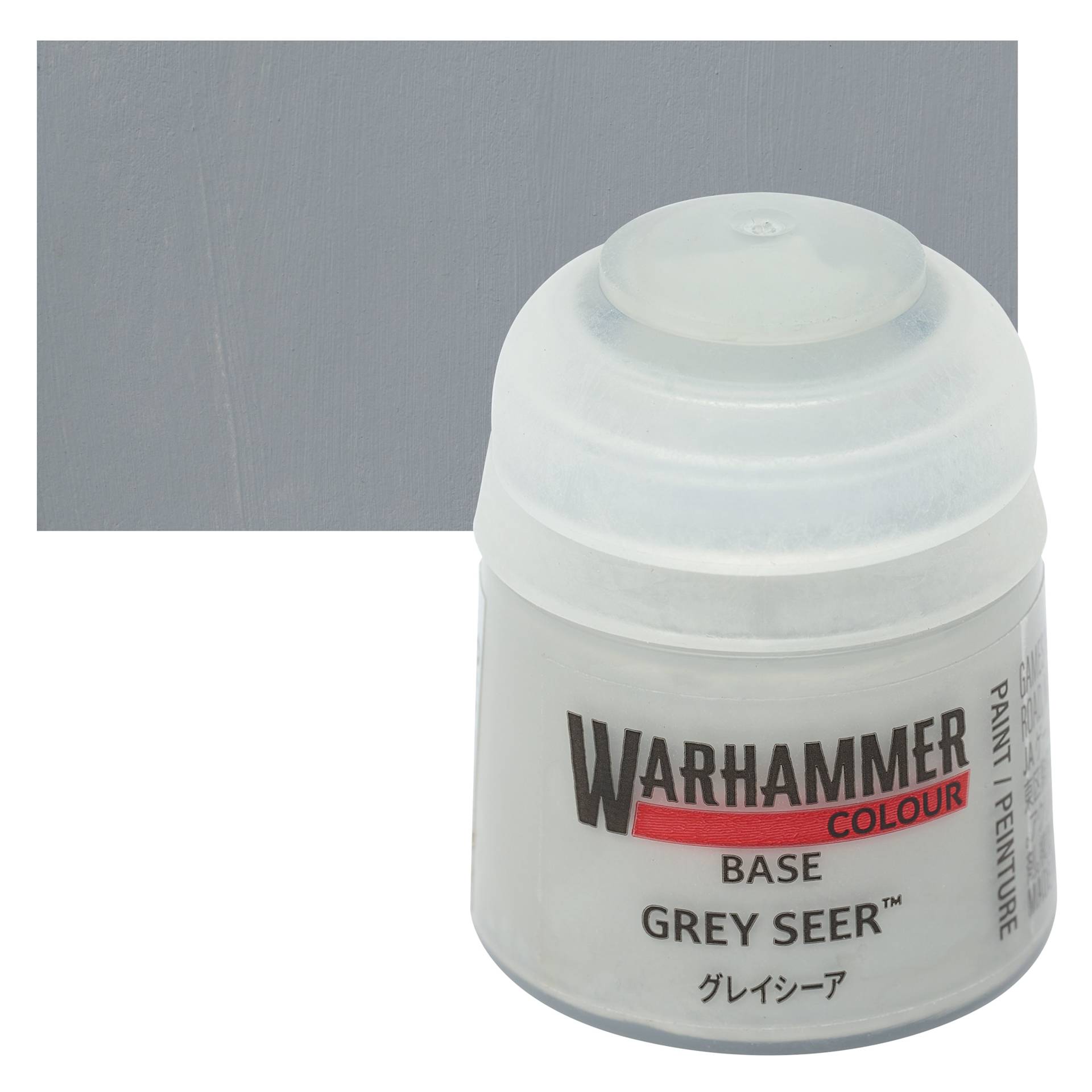 Warhammer Base Acrylic Paint - Grey Seer, 12 ml jar and swatch