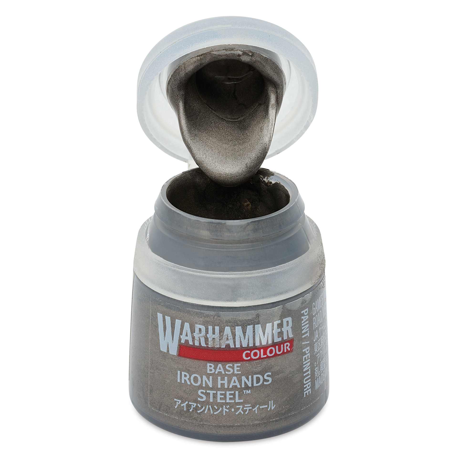 Warhammer Base Acrylic Paint - Iron Hands Steel, 12 ml jar open