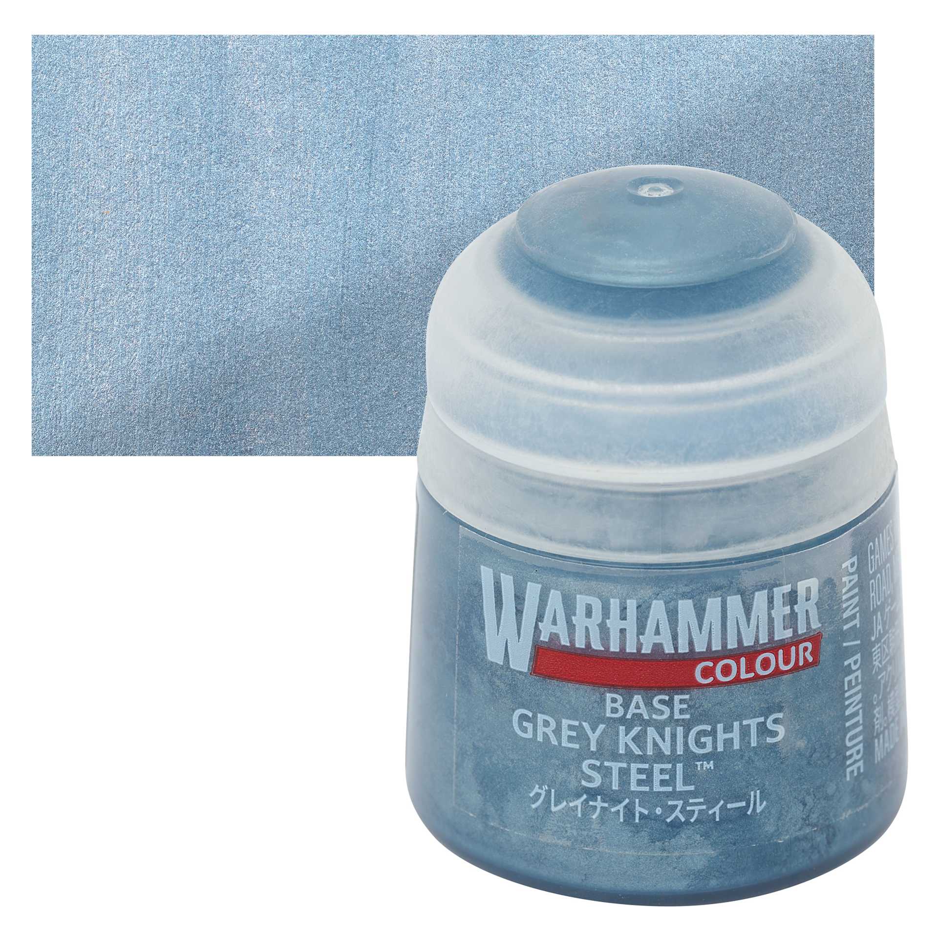 Warhammer Base Acrylic Paint - Grey Knights Steel, 12 ml jar and swatch