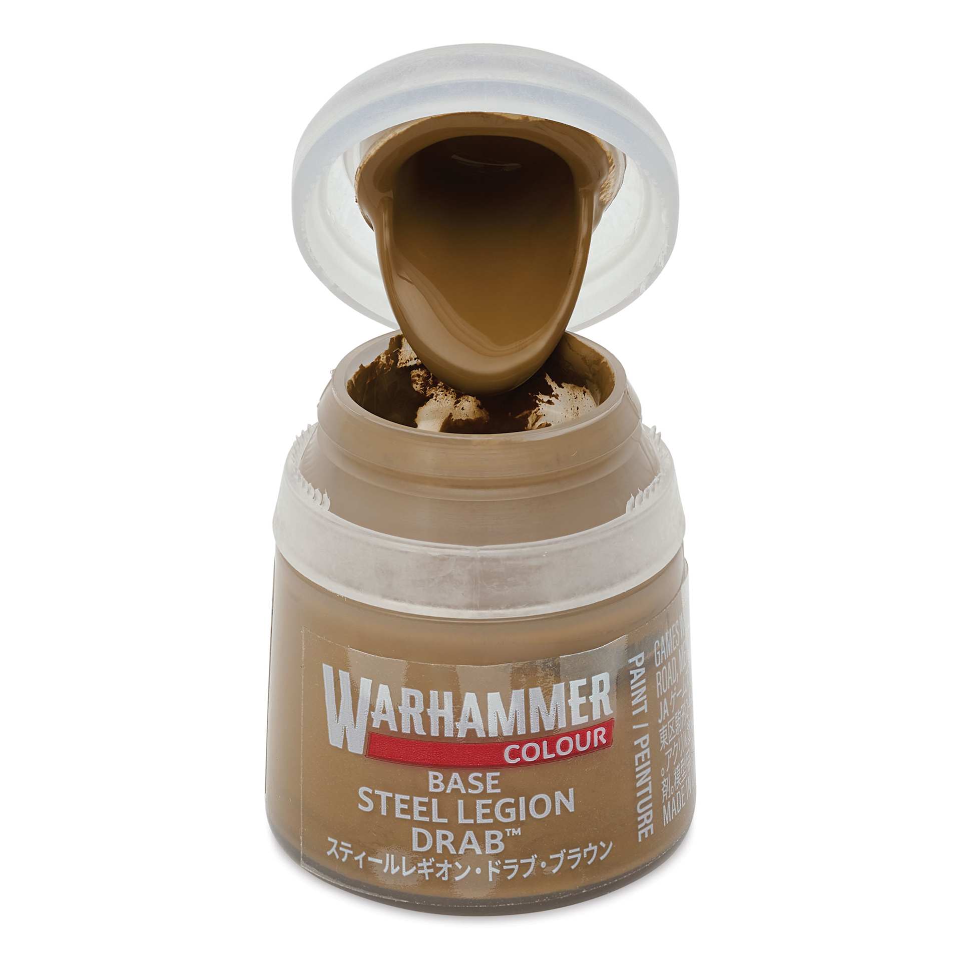 Warhammer Base Acrylic Paint - Steel Legion Drab, 12 ml jar open