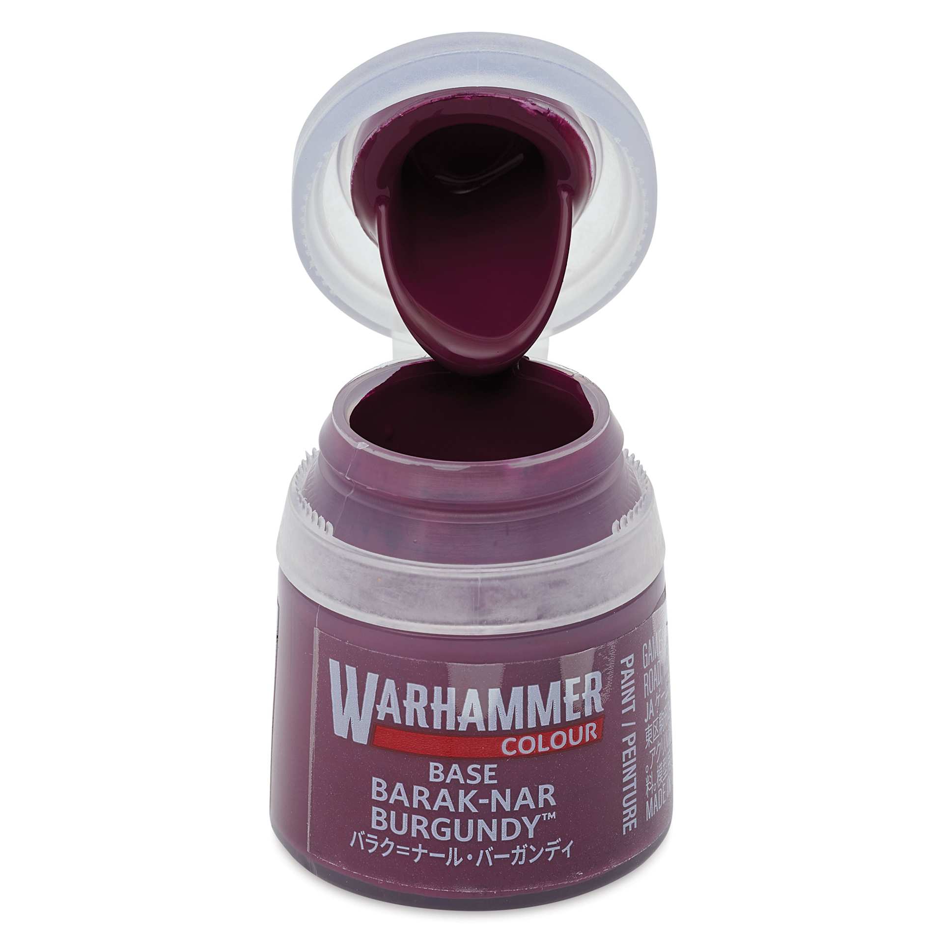 Warhammer Base Acrylic Paint - Barak-Nar Burgundy, 12 ml jar open