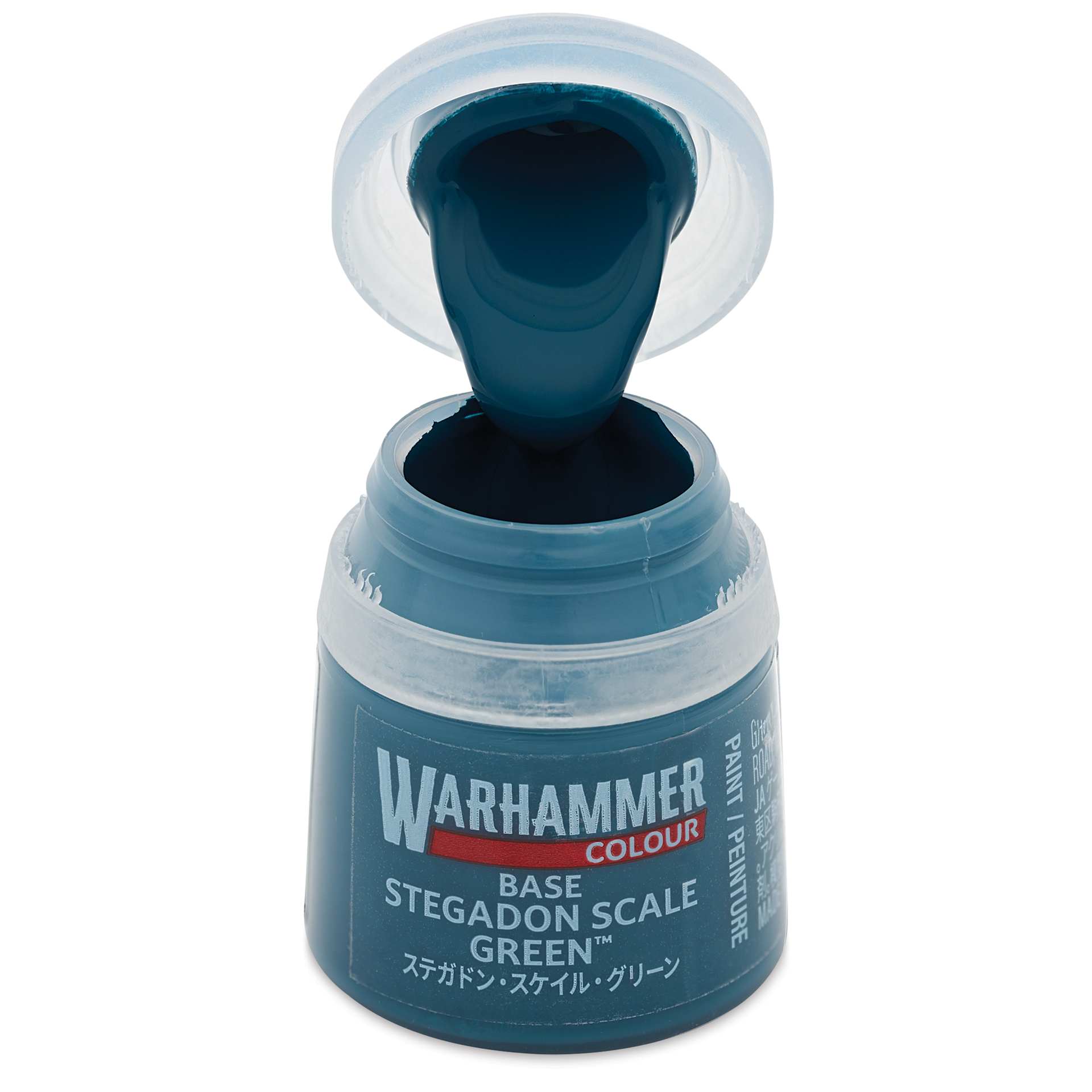 Warhammer Base Acrylic Paint - Stegadon Scale Green, 12 ml jar open