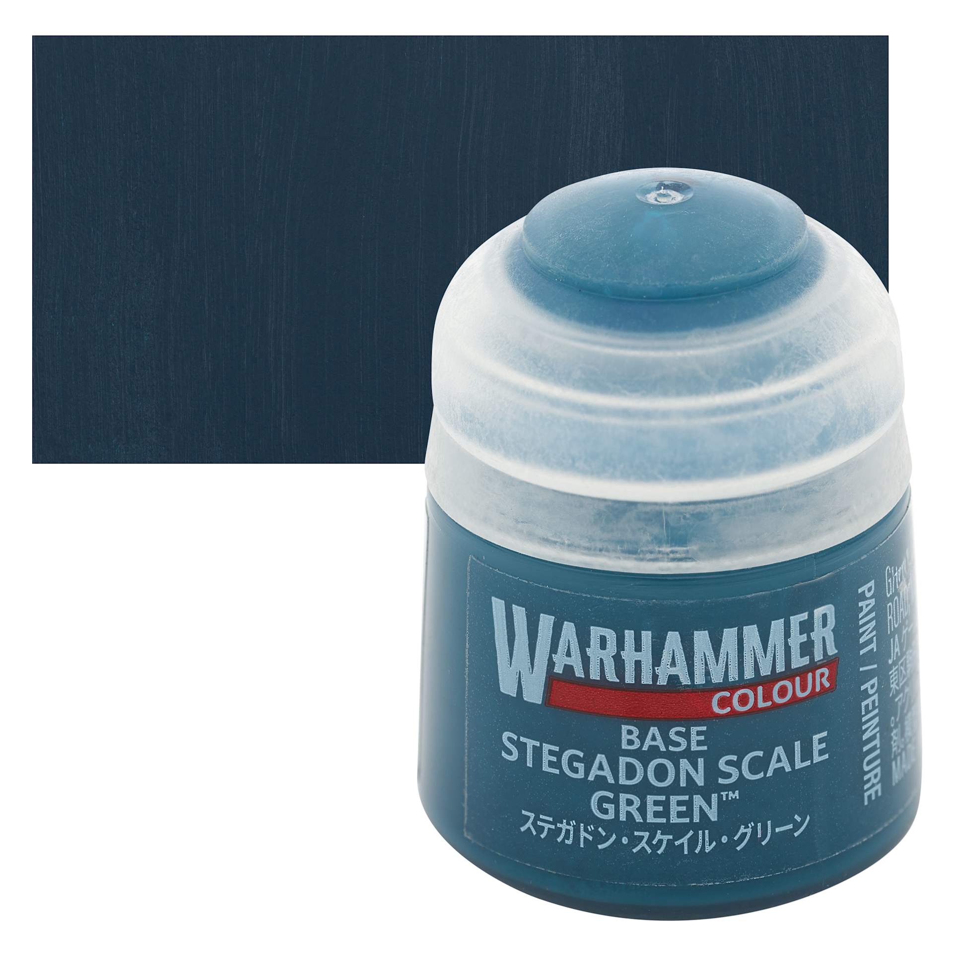 Warhammer Base Acrylic Paint - Stegadon Scale Green, 12 ml jar and swatch