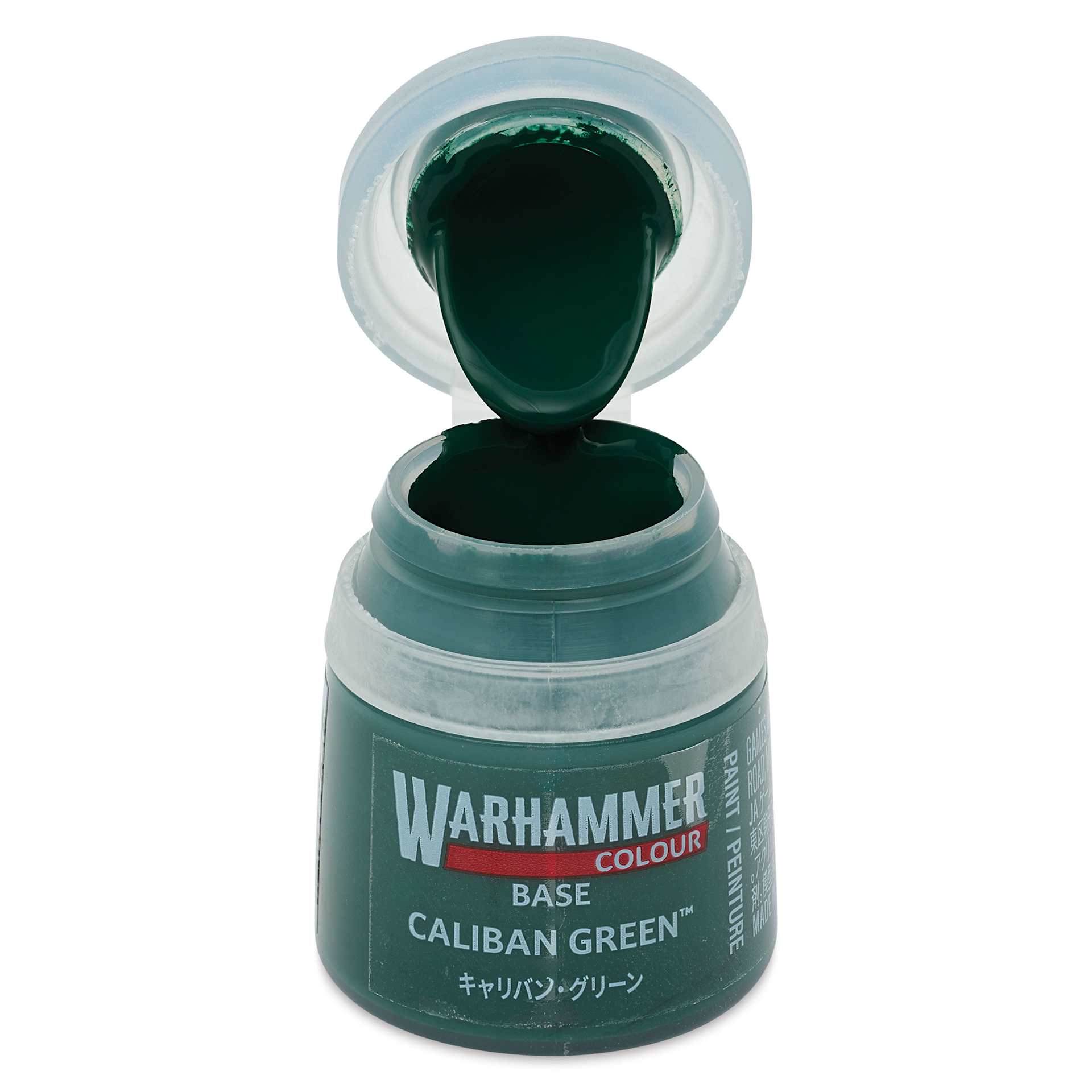 Warhammer Base Acrylic Paint - Caliban Green, 12 ml jar open