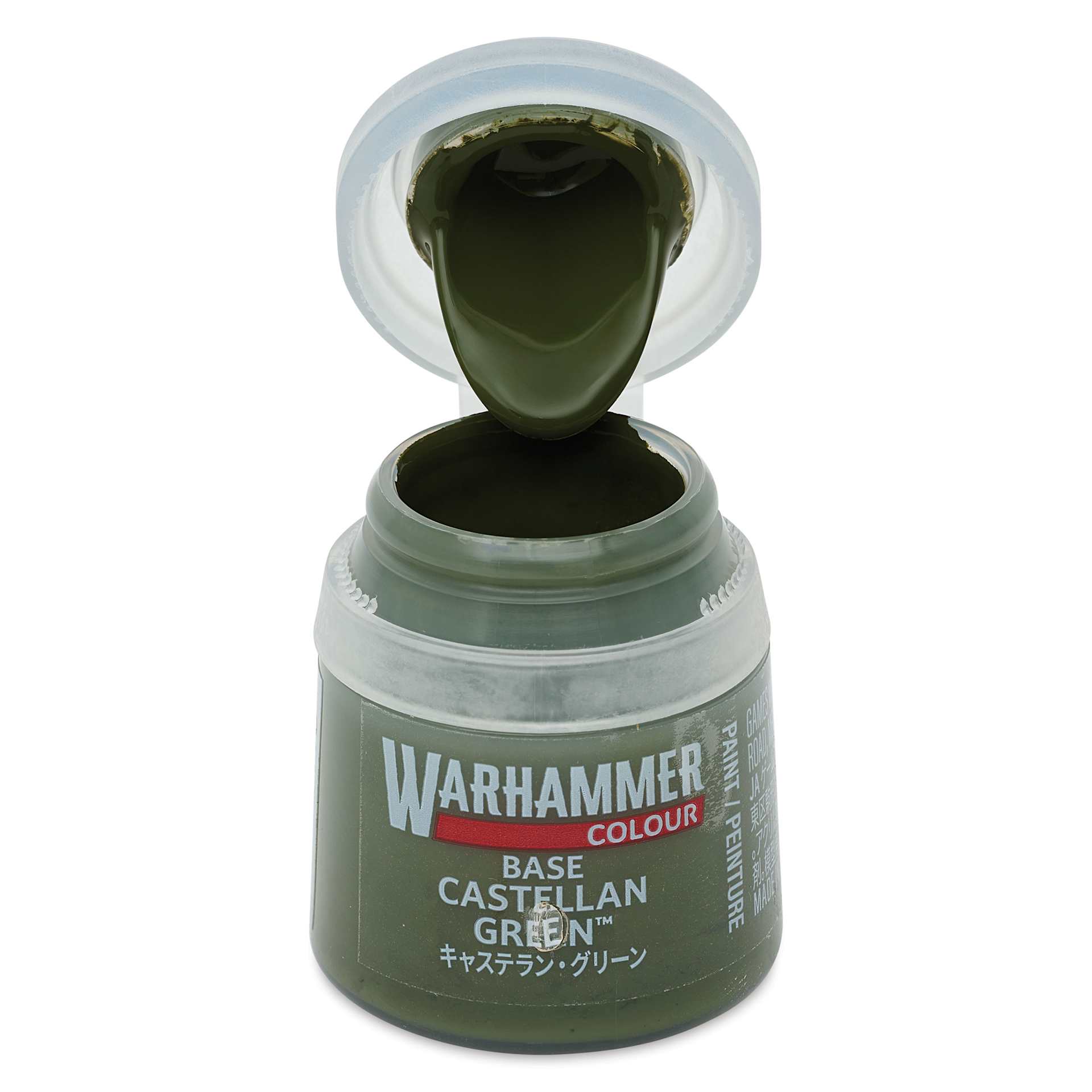 Warhammer Base Acrylic Paint - Castellan Green, 12 ml jar open