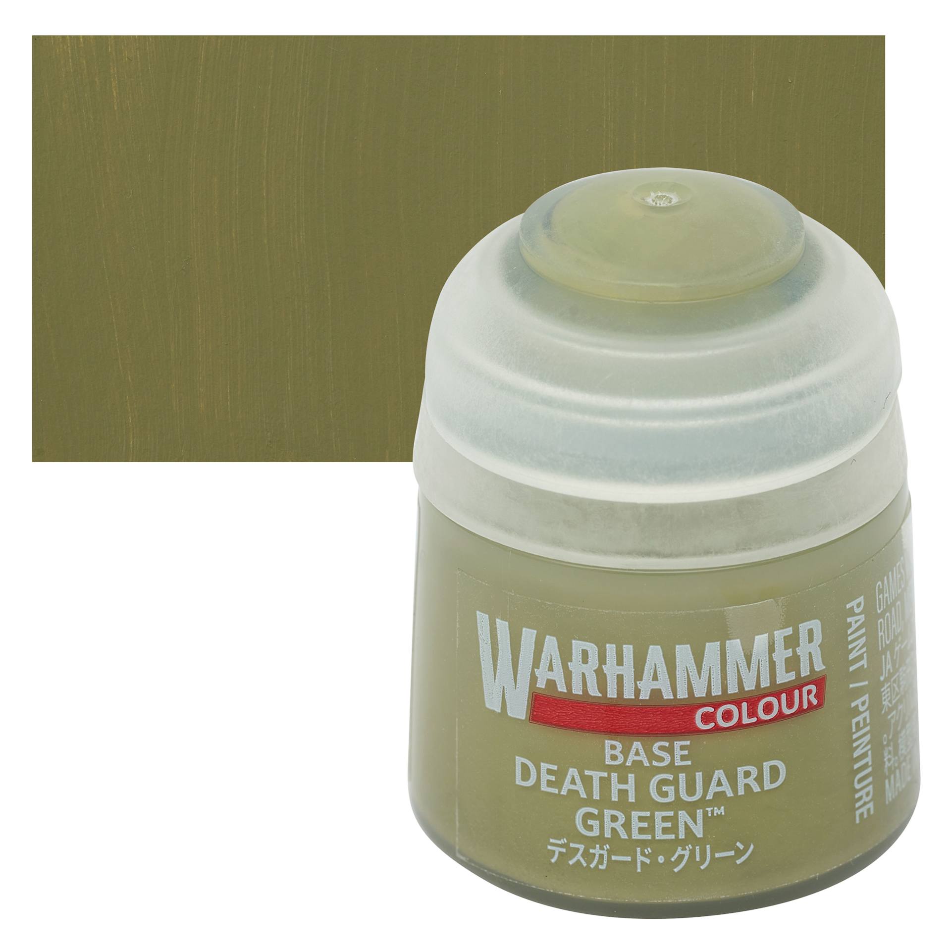 Warhammer Base Acrylic Paint - Death Guard Green, 12 ml jar and swatch