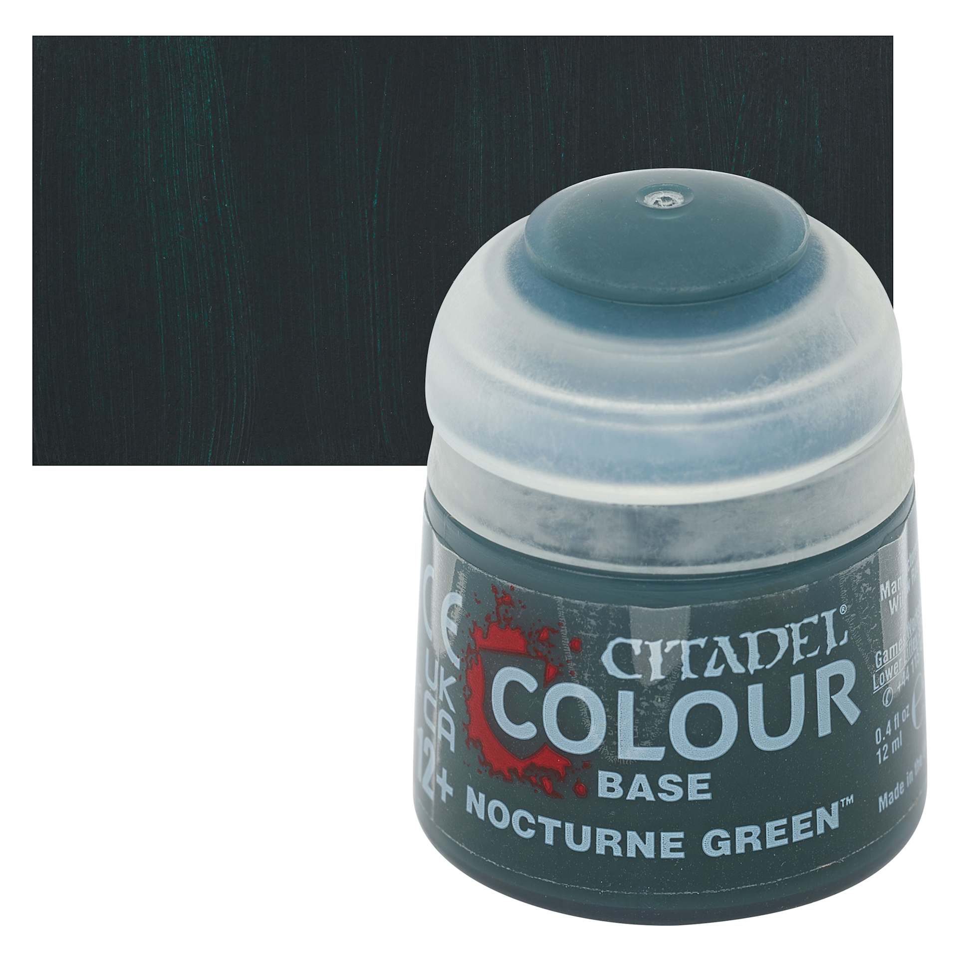 Warhammer Base Acrylic Paint - Nocturne Green, 12 ml jar and swatch