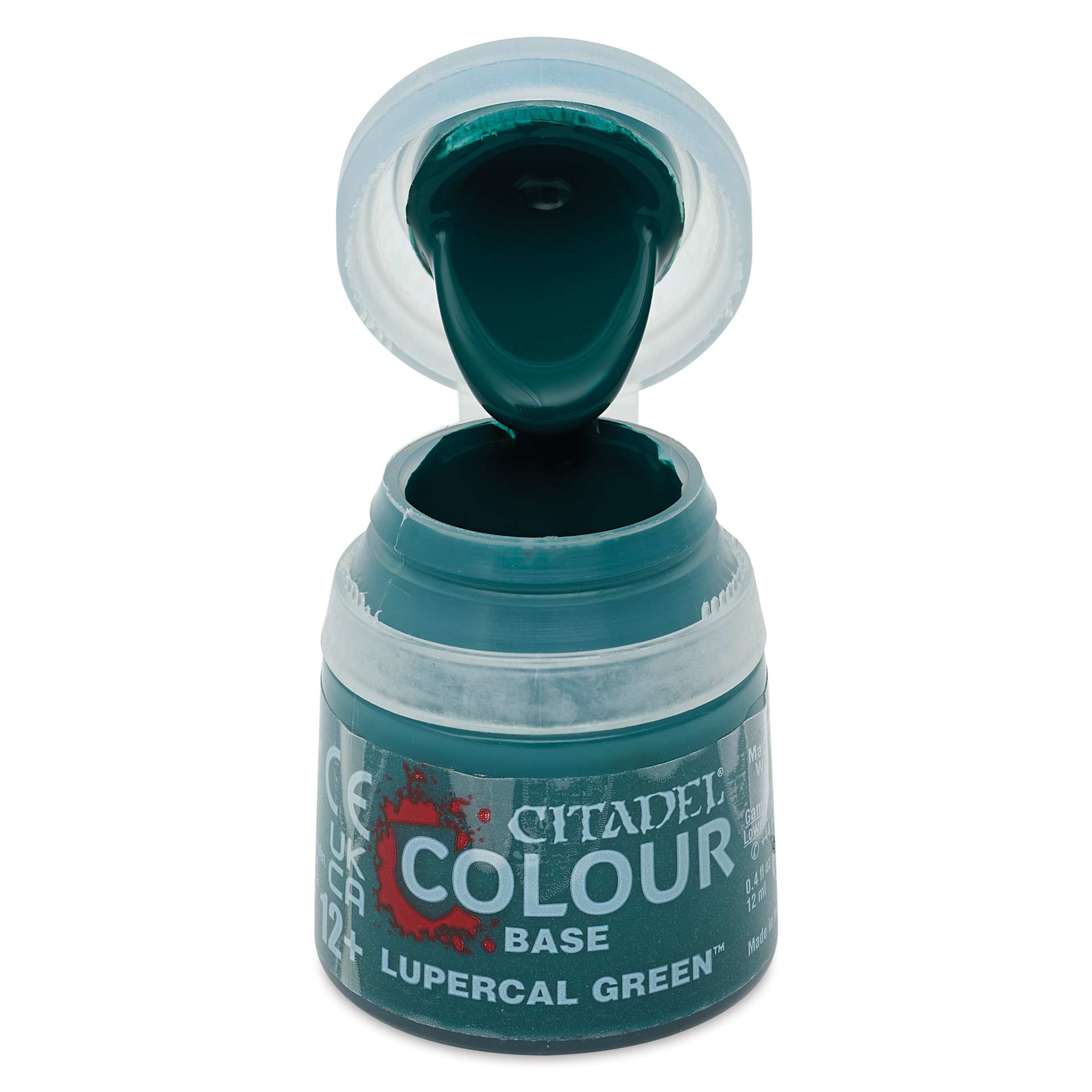Warhammer Base Acrylic Paint - Lupercal Green, 12 ml jar open