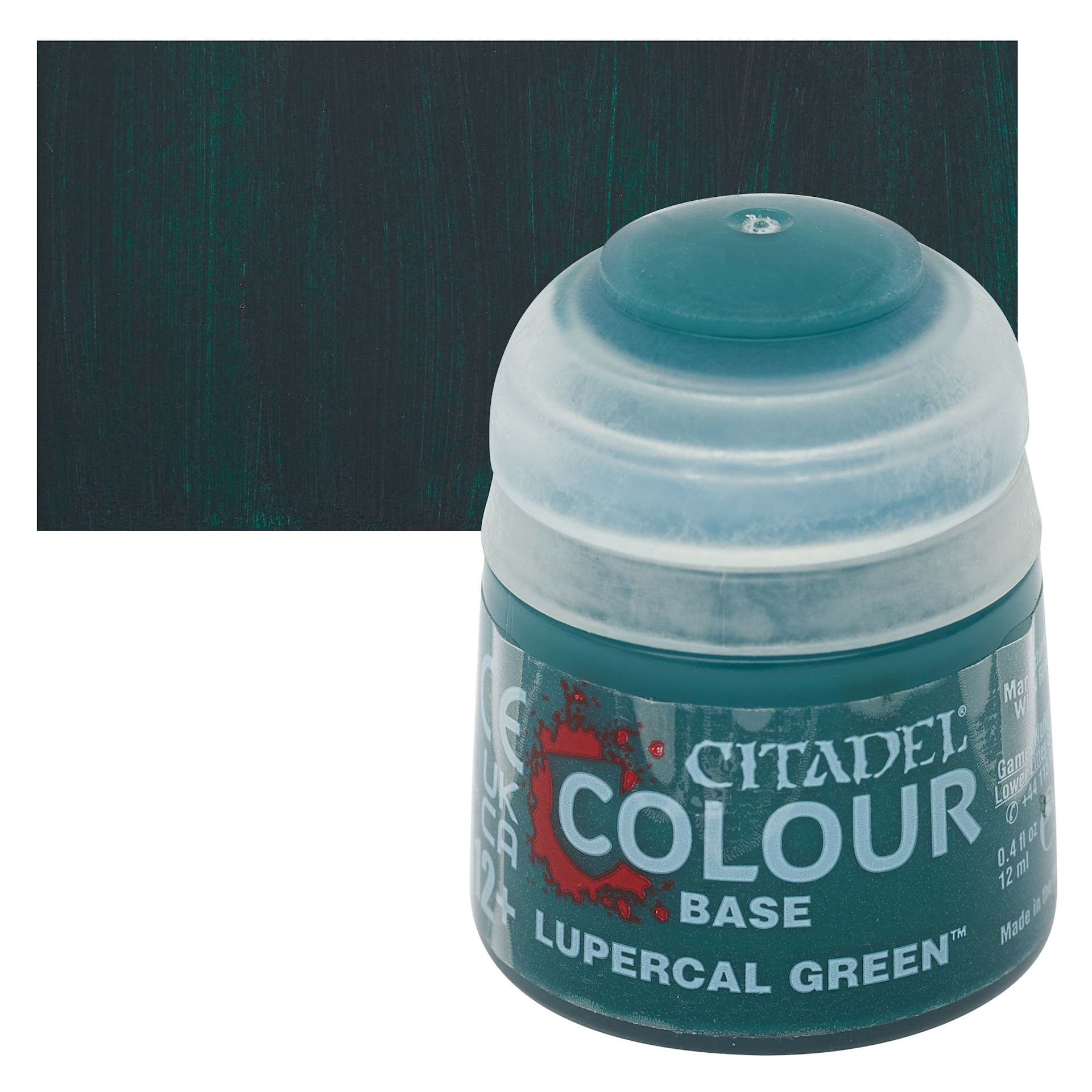 Warhammer Base Acrylic Paint - Lupercal Green, 12 ml jar and swatch