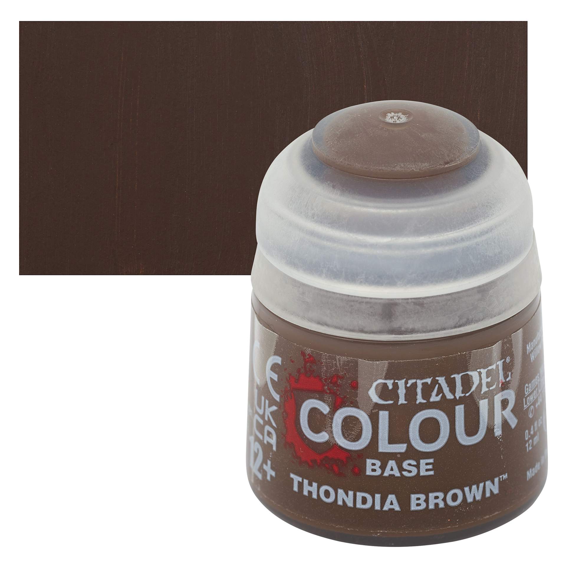 Warhammer Base Acrylic Paint - Thondia Brown, 12 ml jar and swatch