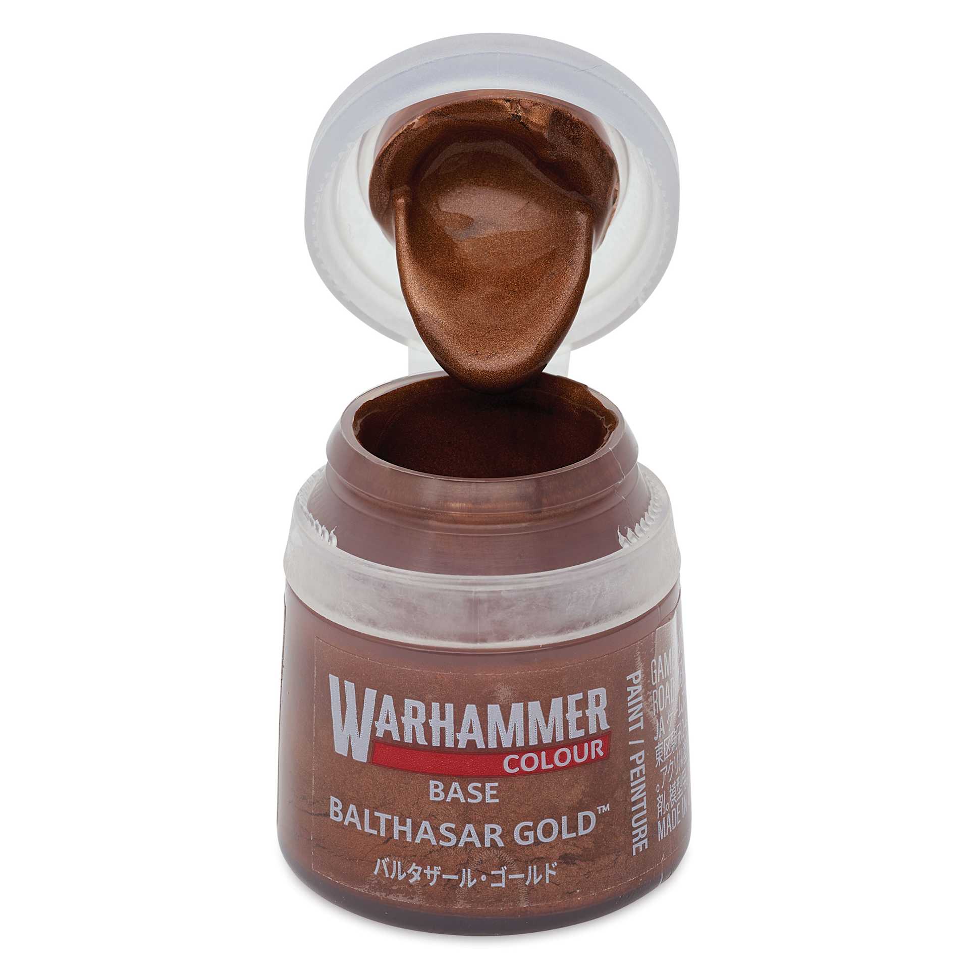 Warhammer Base Acrylic Paint - Balthasar Gold, 12 ml jar open