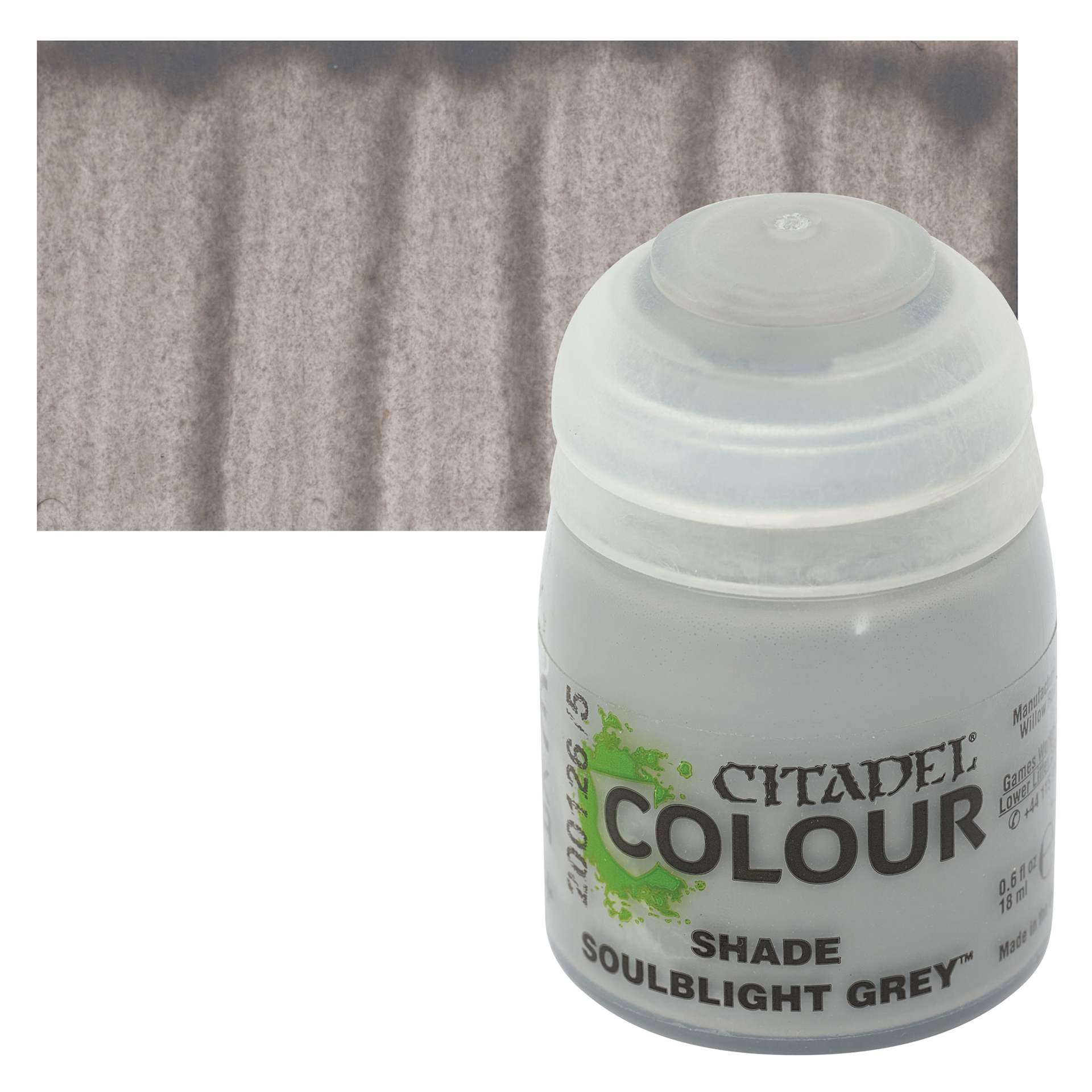 Citadel Shade Acrylic Paint - Soulblight Grey, 18 ml bottle and swatch