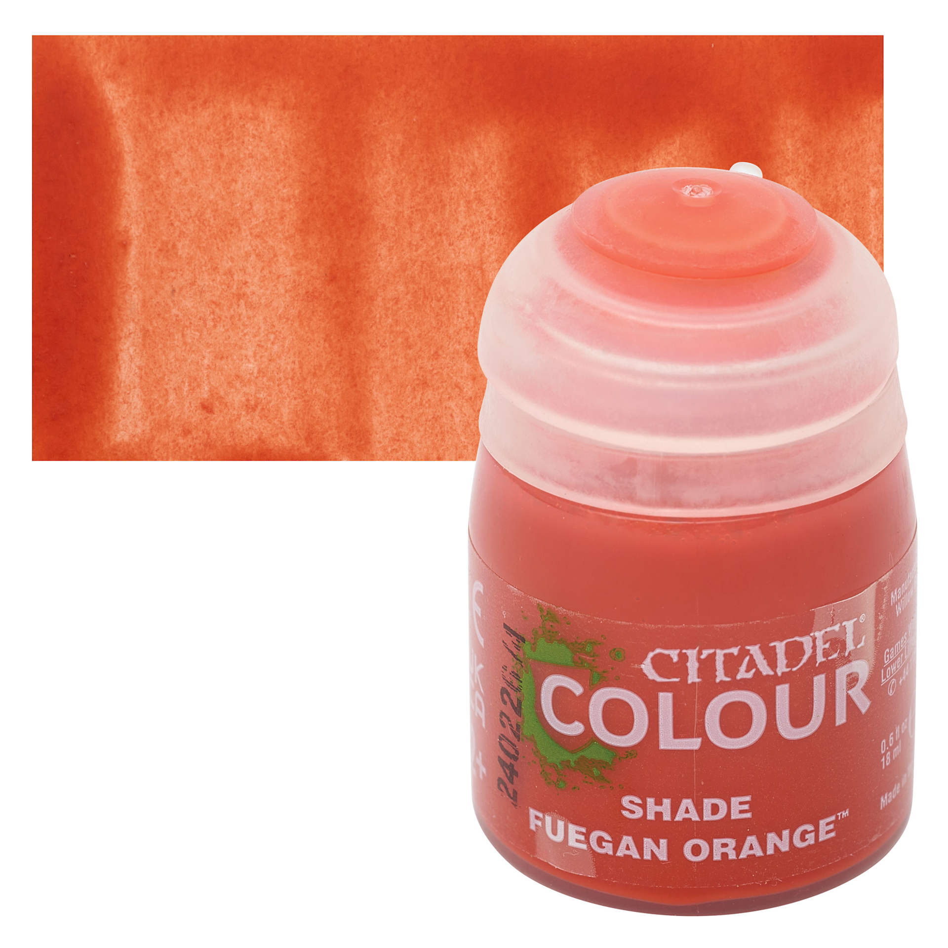 Citadel Shade Acrylic Paint - Fuegan Orange, 18 ml, bottle and swatch