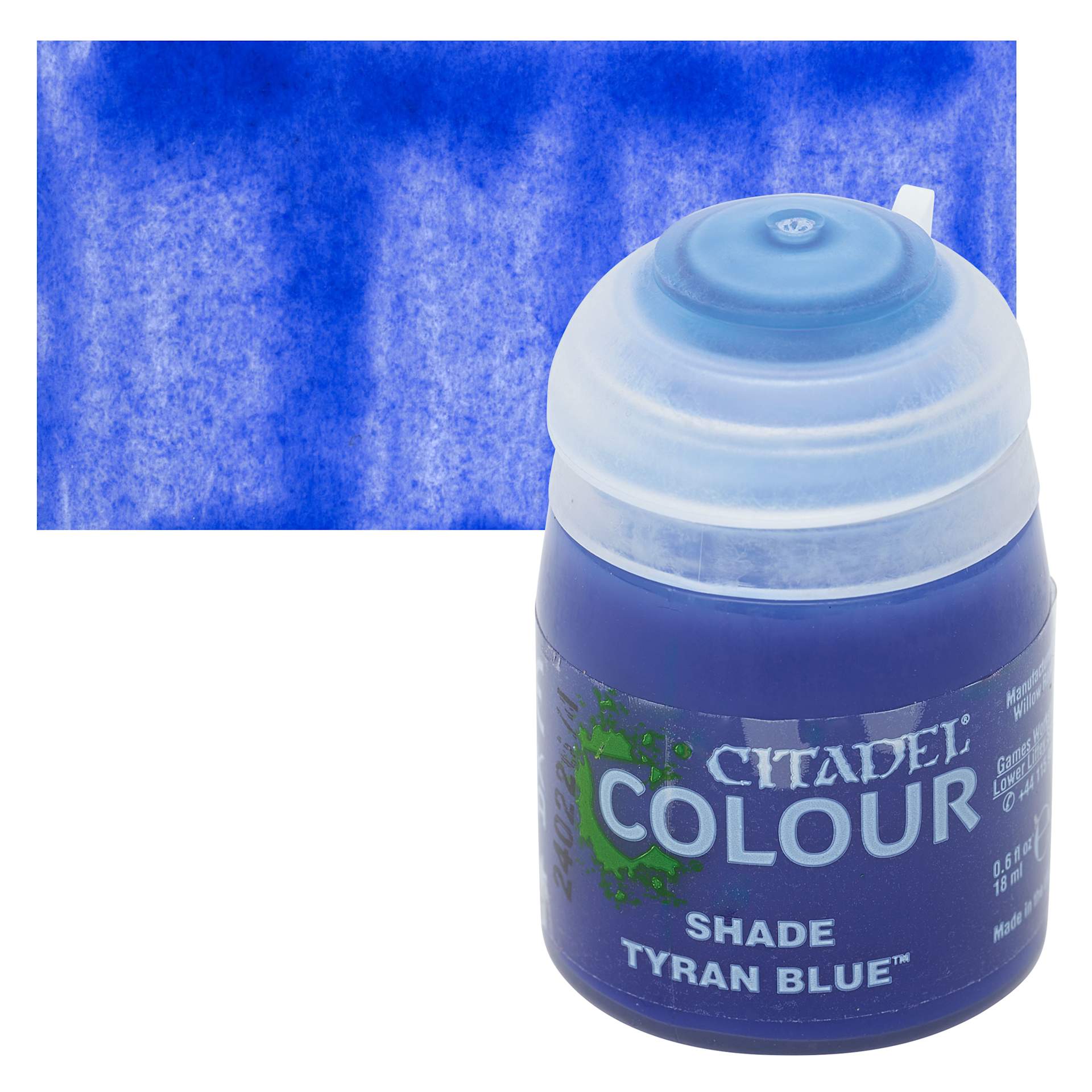 Citadel Shade Acrylic Paint - Tyran Blue, 18 ml bottle and swatch