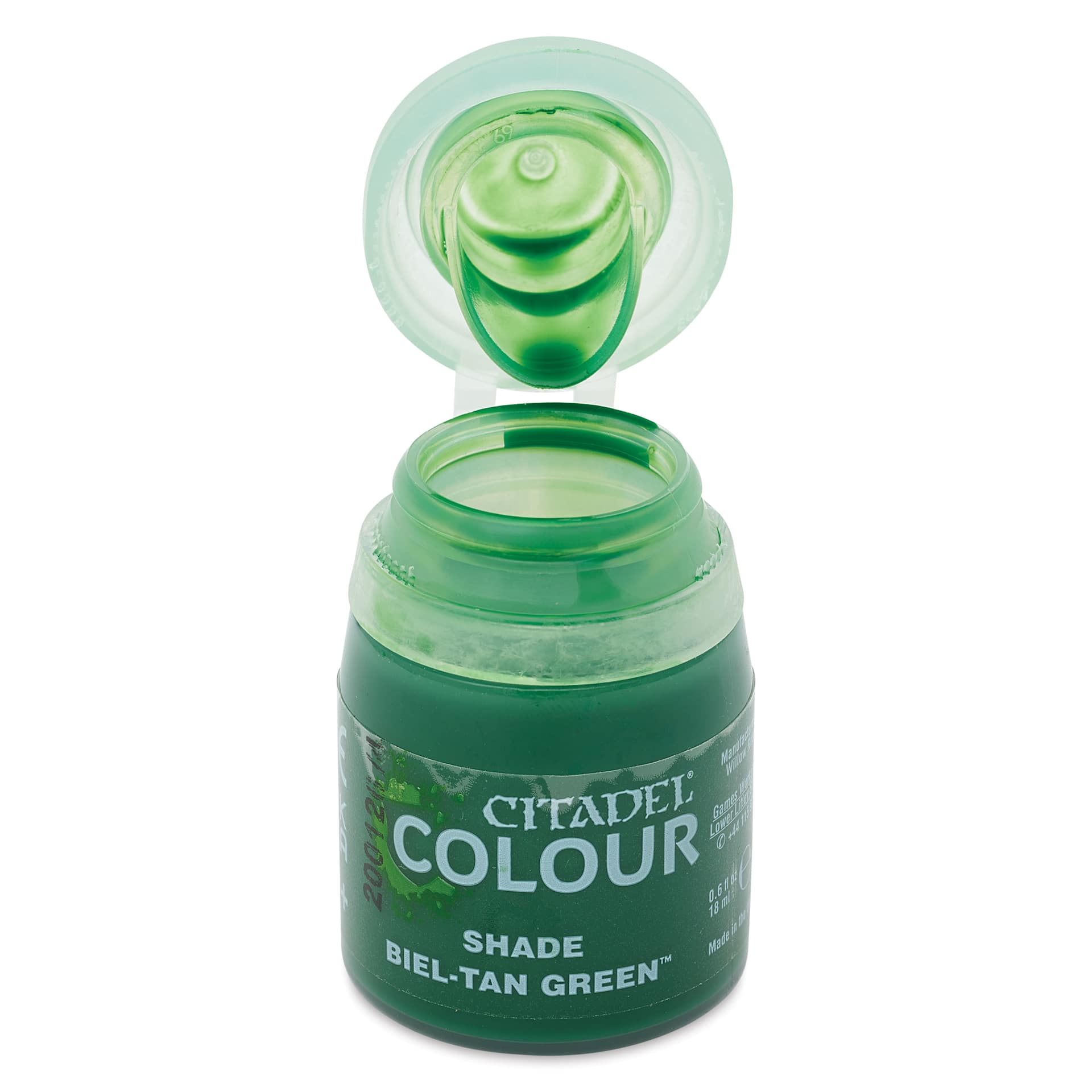 Citadel Shade Acrylic Paint - Biel-Tan Green, 18 ml bottle, open
