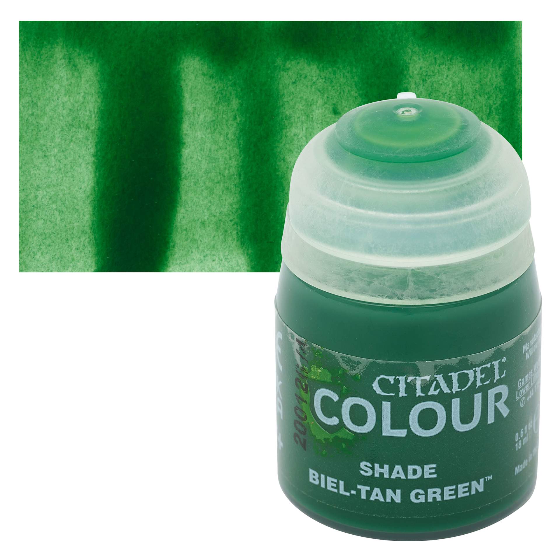 Citadel Shade Acrylic Paint - Biel-Tan Green, 18 ml, bottle and swatch