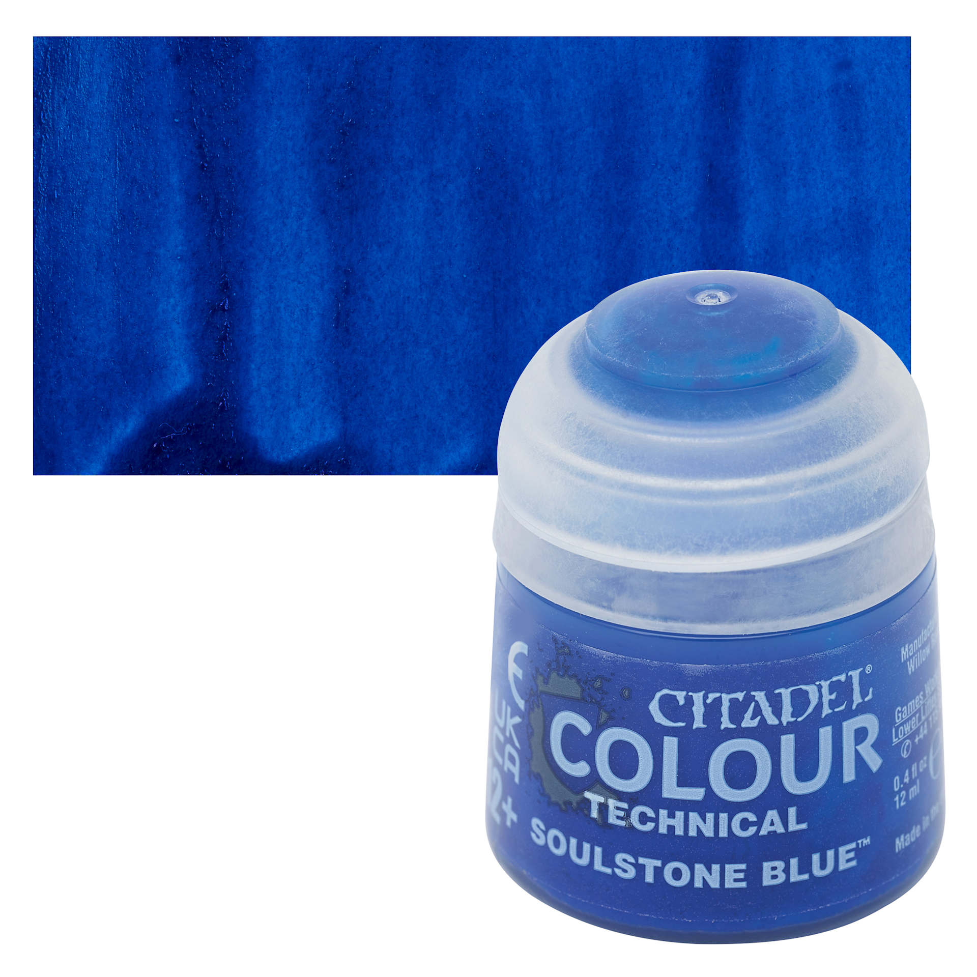Citadel Technical Acrylic Paint - Soulstone Blue, 12 ml bottle and swatch