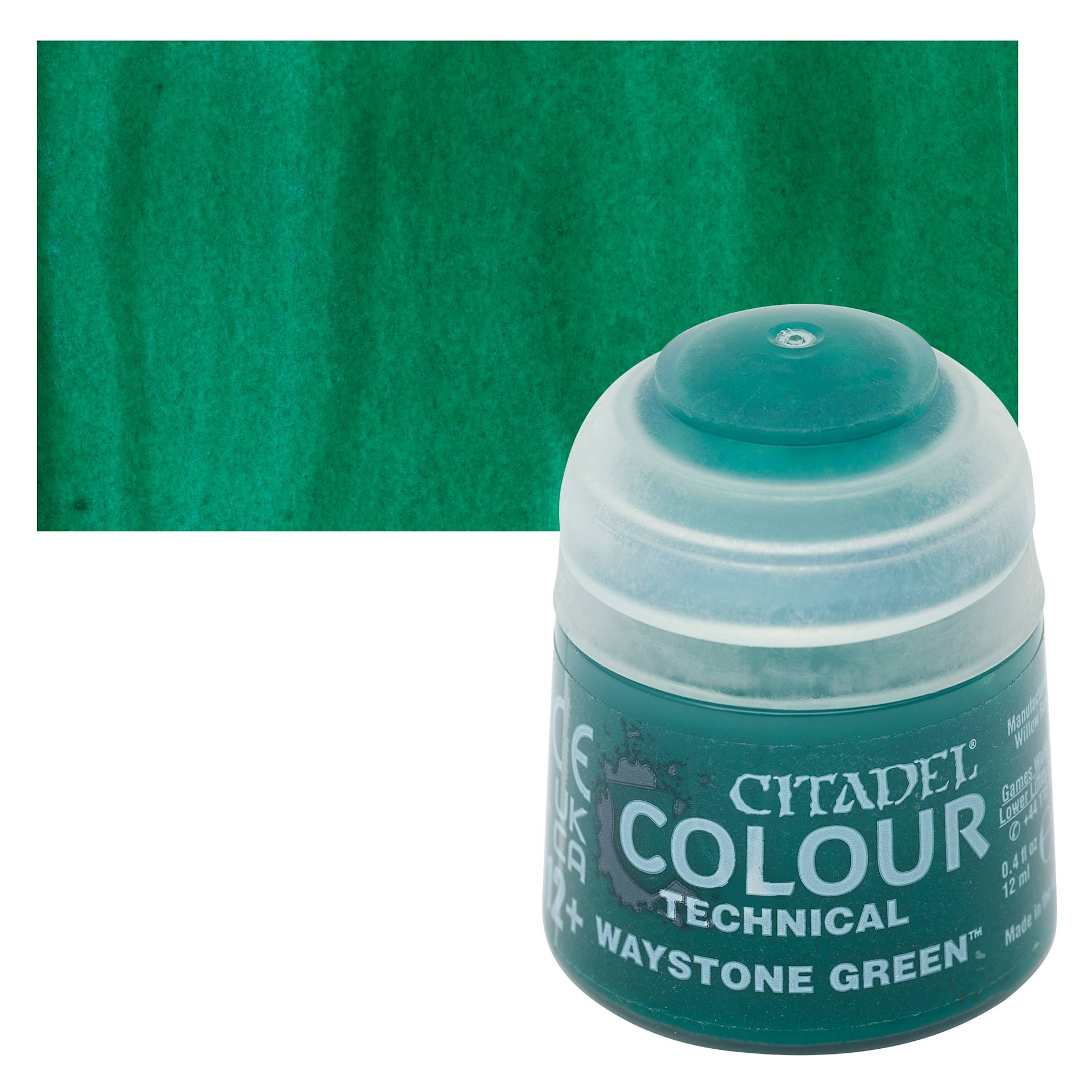 Citadel Technical Acrylic Paint - Waystone Green, 12 ml bottle and swatch