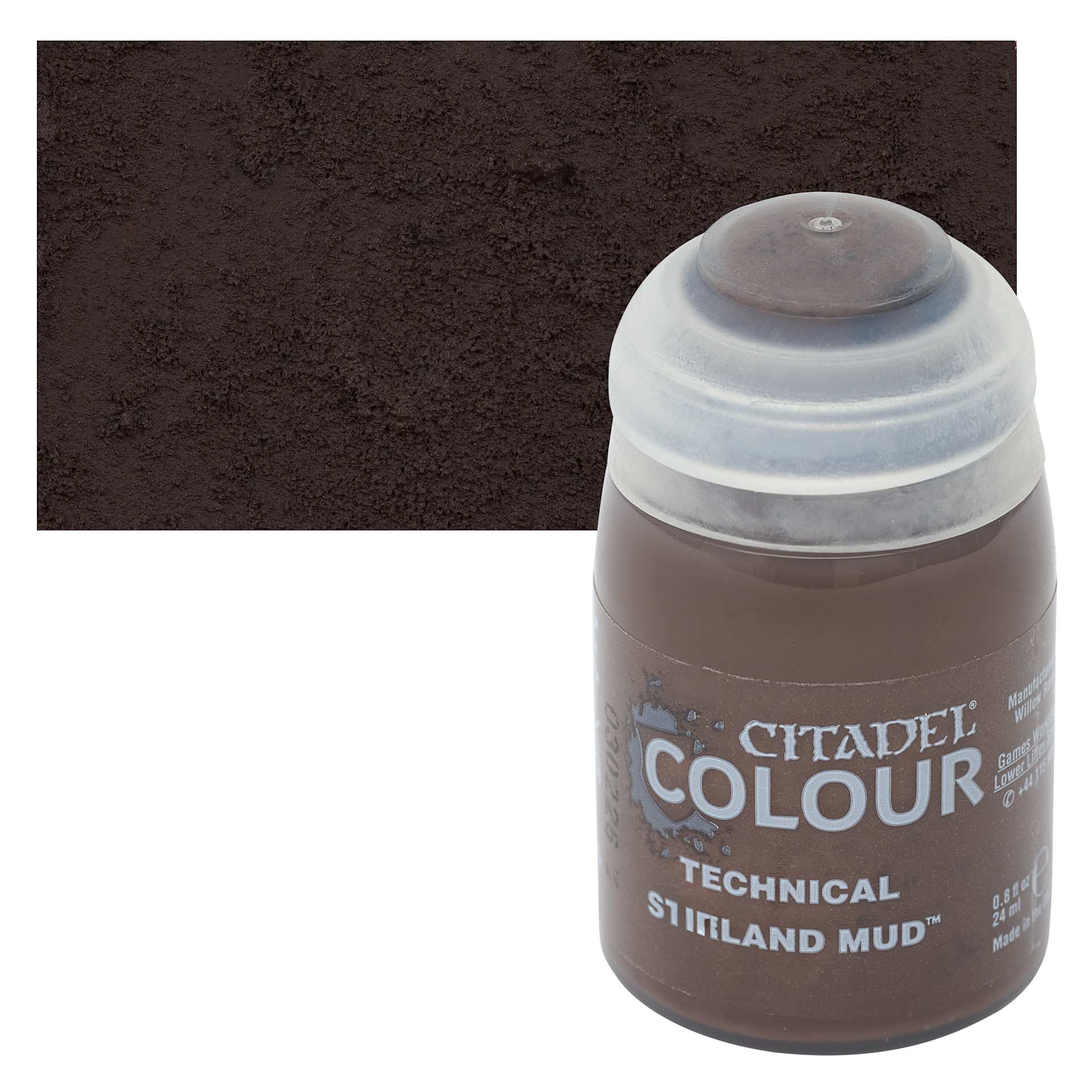 Citadel Technical Acrylic Paint - Stirland Mud, 24 ml bottle and swatch