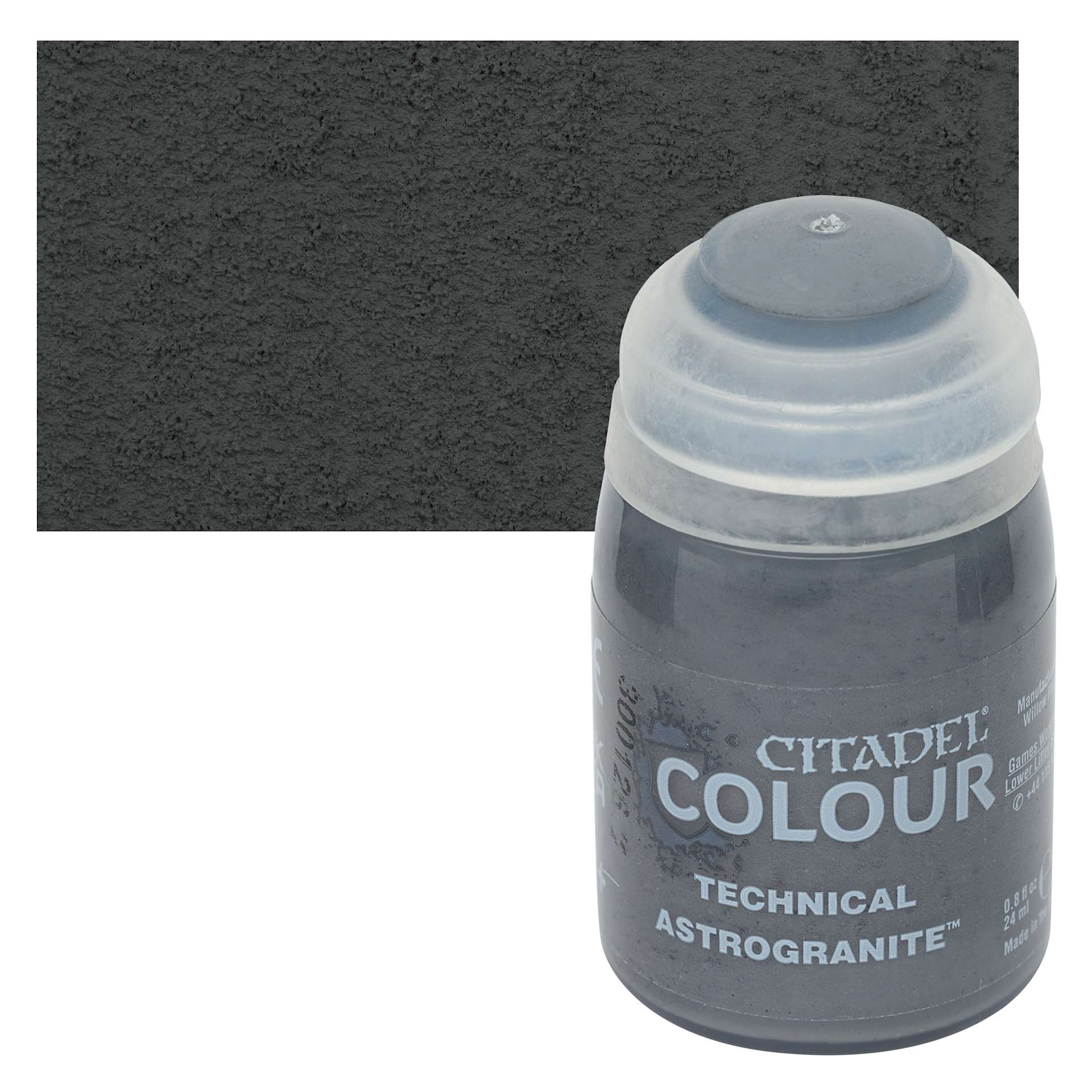 Citadel Technical Acrylic Paint - Astrogranite, 24 ml, swatch and bottle