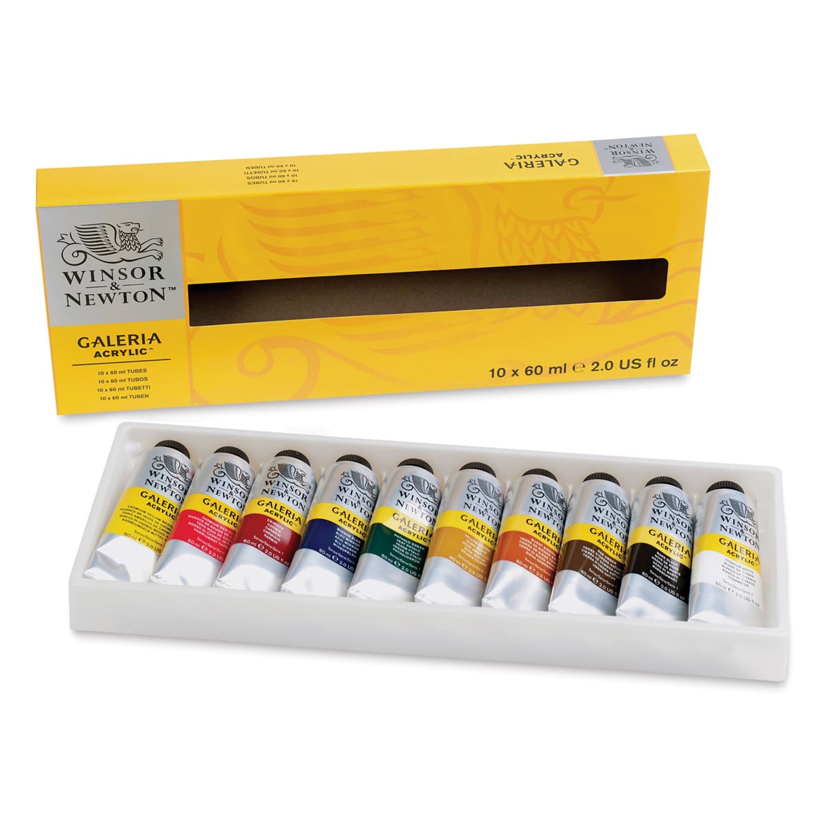 Winsor & Newton Galeria Flow Acrylics - Set of 10 Colors, 60 ml, Tubes (Tubes in front of packaging)