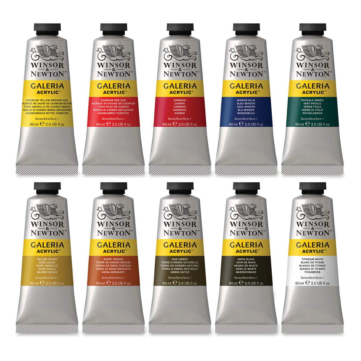 Winsor & Newton Galeria Acrylics - Set of 10, Assorted Colors, 60 ml, tubes out of packaging