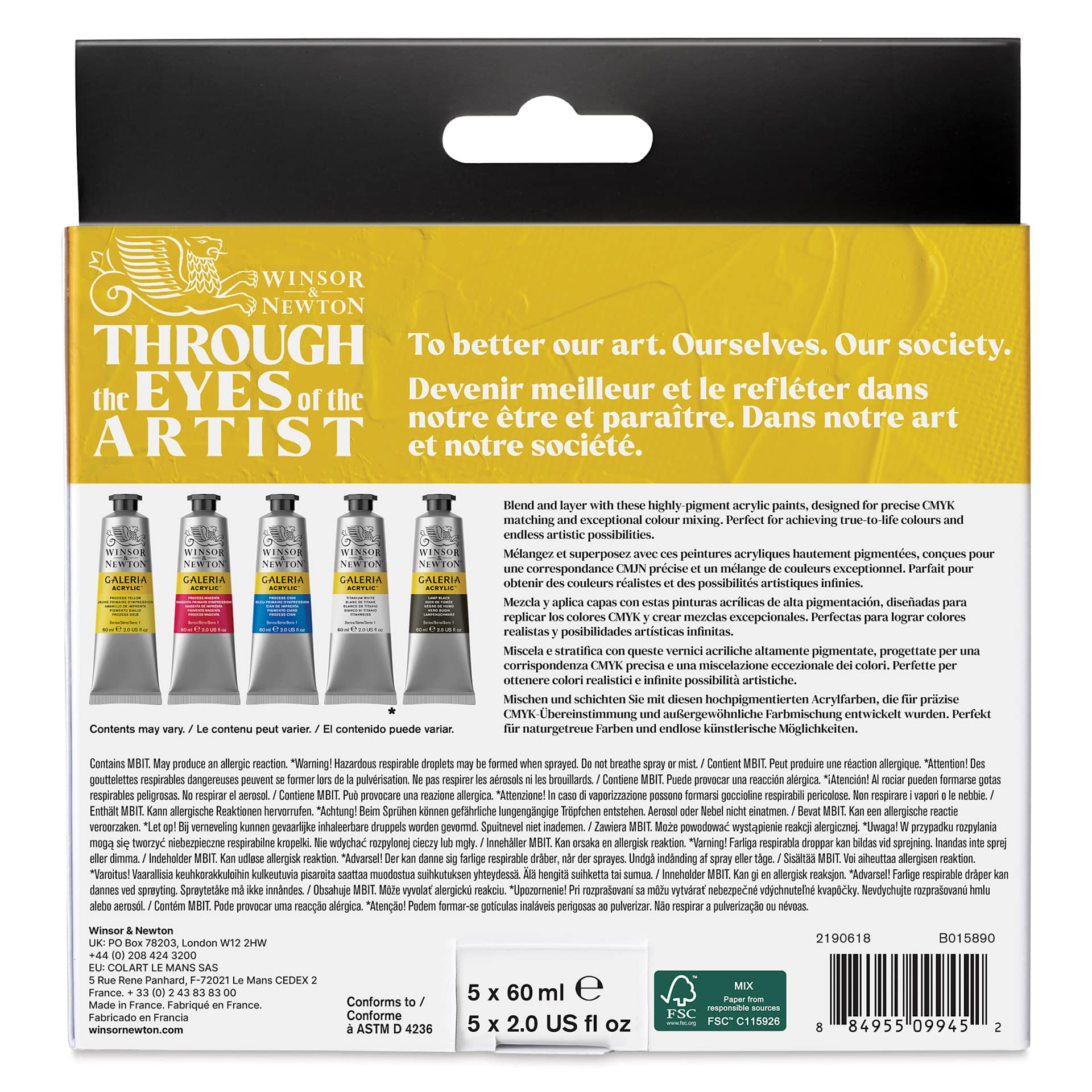 Winsor & Newton Galeria Acrylics - Set of 5, Process Colors, 60 ml tubes, back of packaging