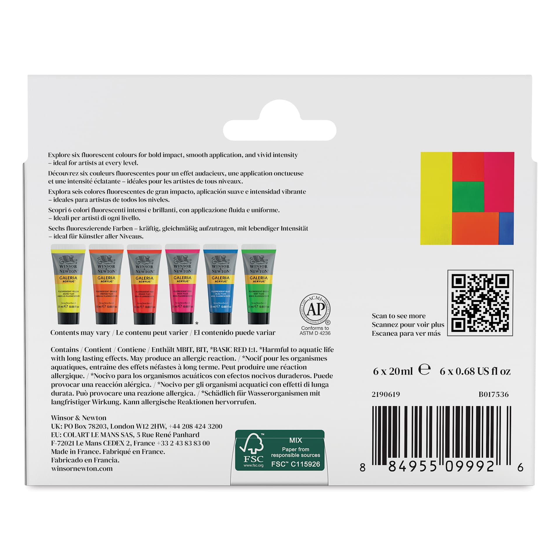 Winsor & Newton Galeria Acrylics - Set of 6, Fluorescent Colors, 20 ml back of package