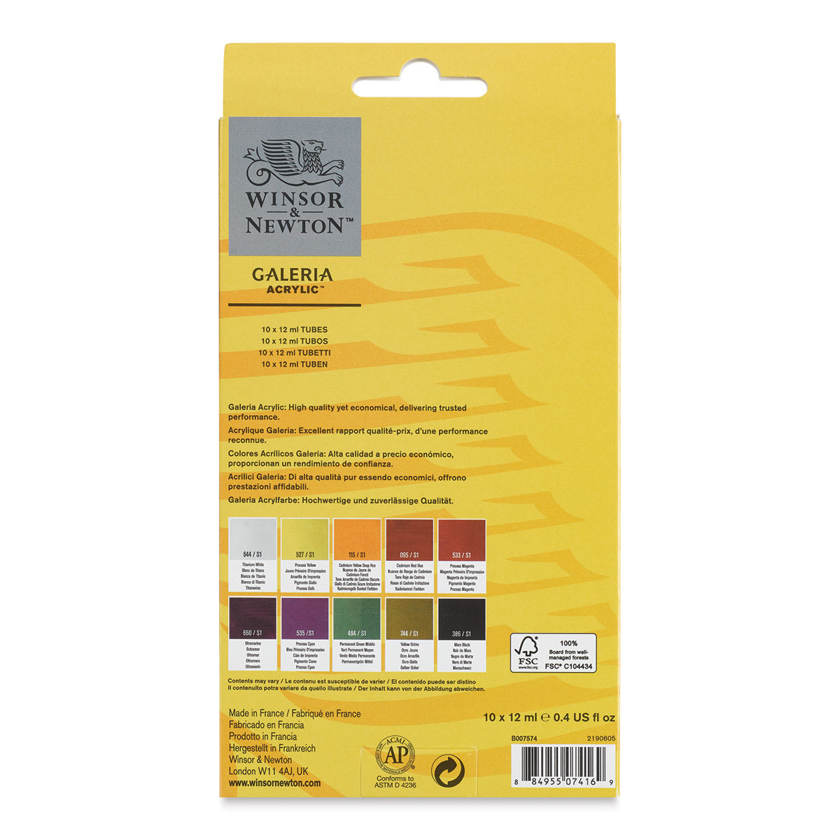 Winsor & Newton Galeria Acrylic Paint - Set of 10, Assorted Colors, 12 ml, Tubes (Back of packaging)