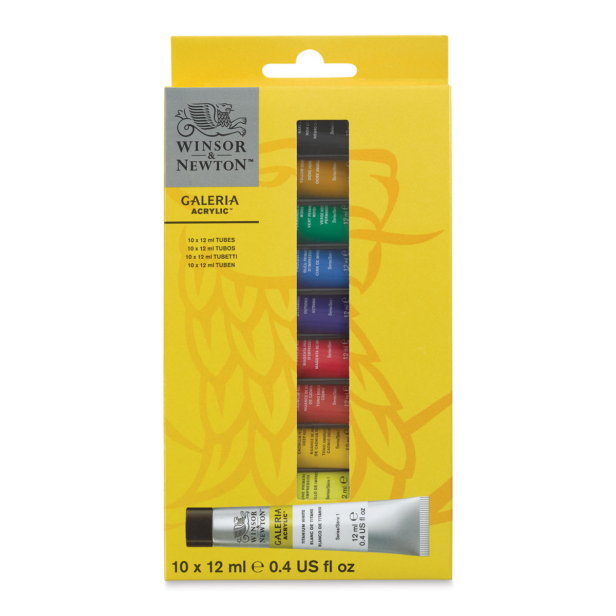 Winsor & Newton Galeria Acrylic Paint - Set of 10, Assorted Colors, 12 ml, Tubes (Front of packaging)