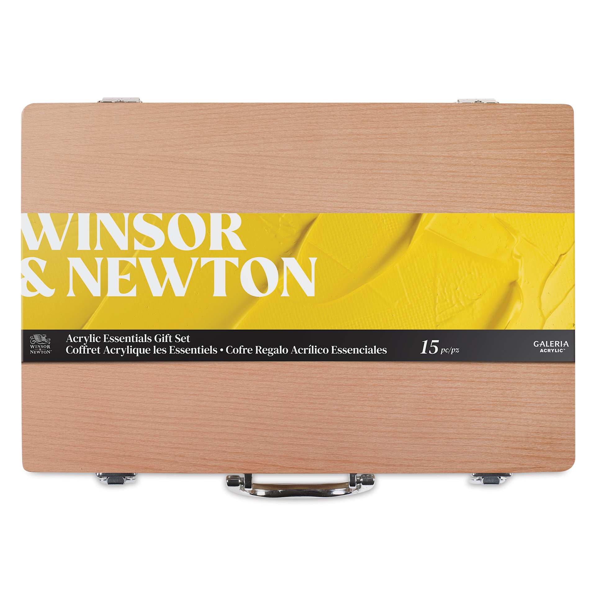 Winsor & Newton Galeria Acrylic Paint - Set of 15, Wood Box, Essential Colors top of box